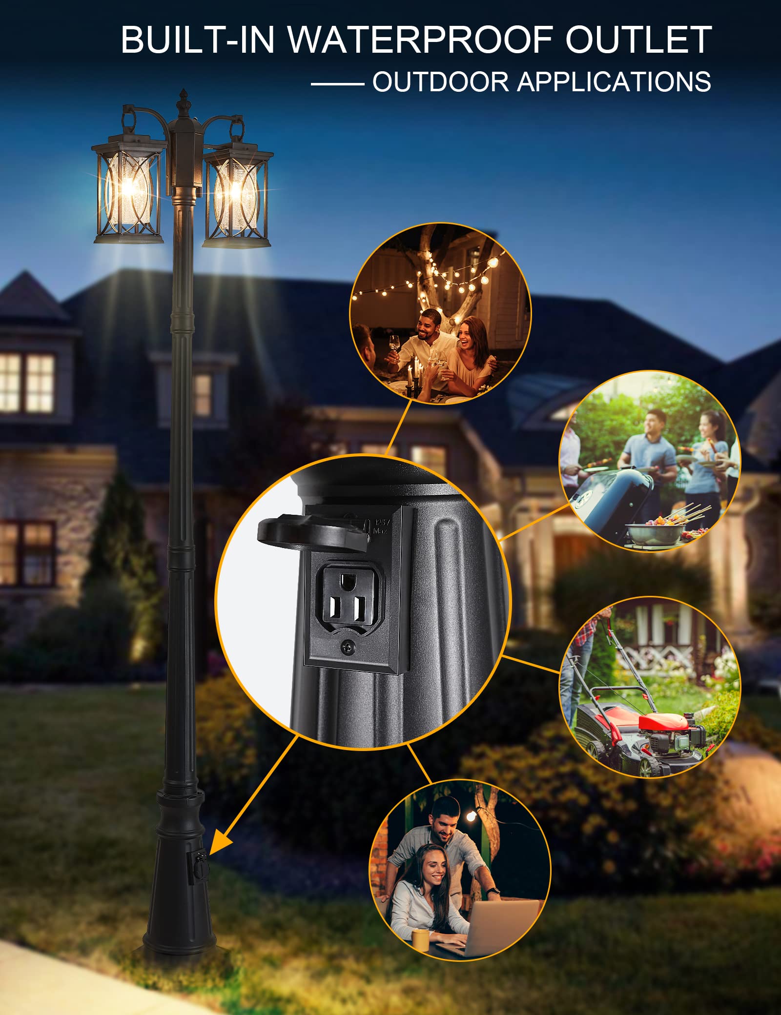 Delicavy Dusk To Dawn Outdoor Lamp Post Light Modern 2-Head Street Pole Light Fixtures With Outlet, Waterproof Black Outside Str