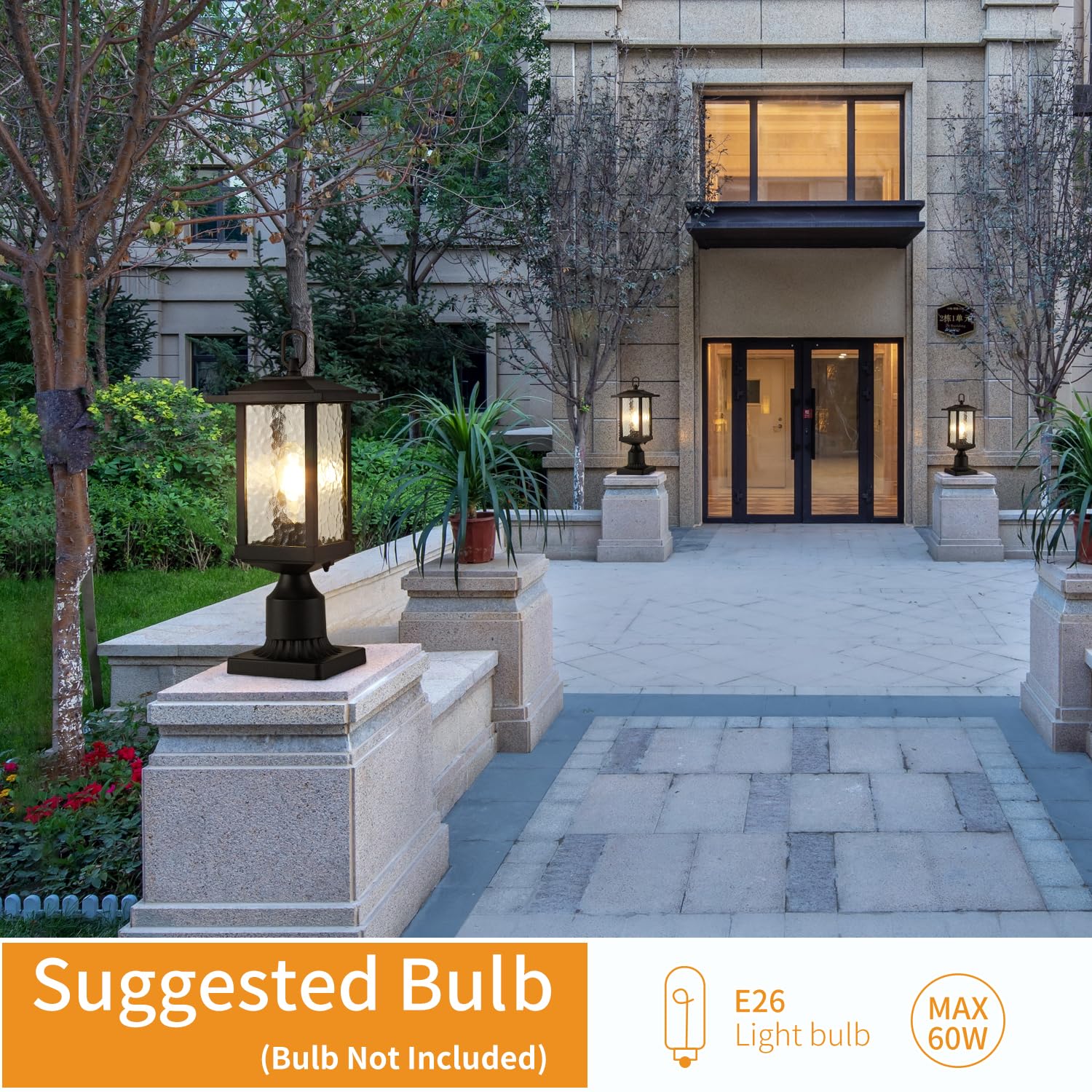 Smeike Outdoor Lamp Post Light with Pier Mount Base, Exterior Lantern Matte Black Aluminum Large Waterproof Anti-Rust Patio Porc