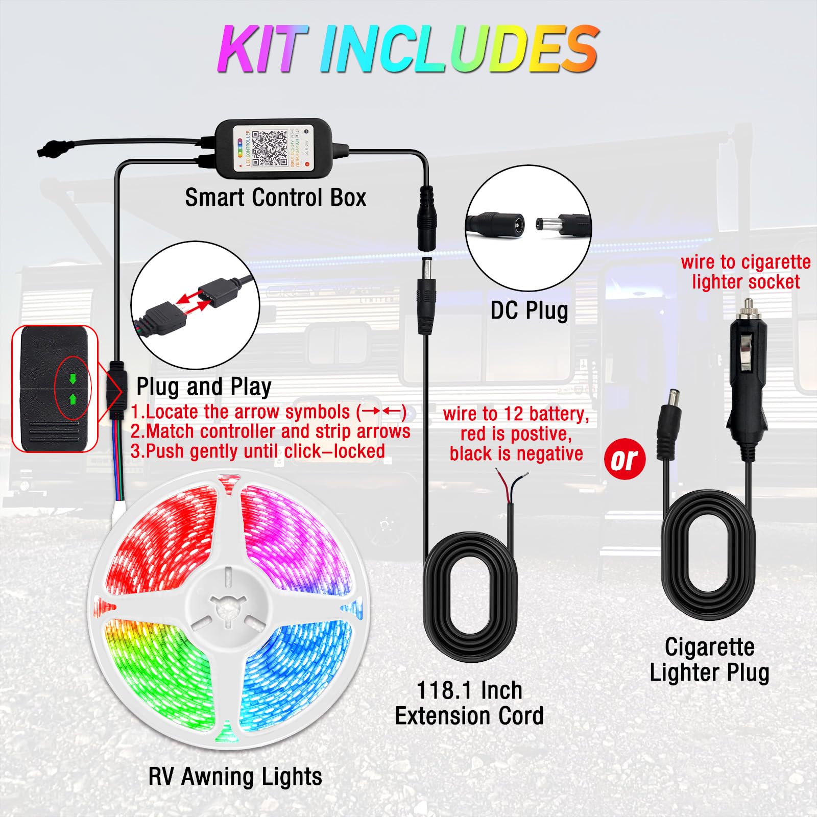 Yiswhis 16.4FT RV Awning Lights, 12V LED Light Strip, Waterproof, Remote & APP Control, Multicolor, Model YIS-RV5M-RGBLIGHT