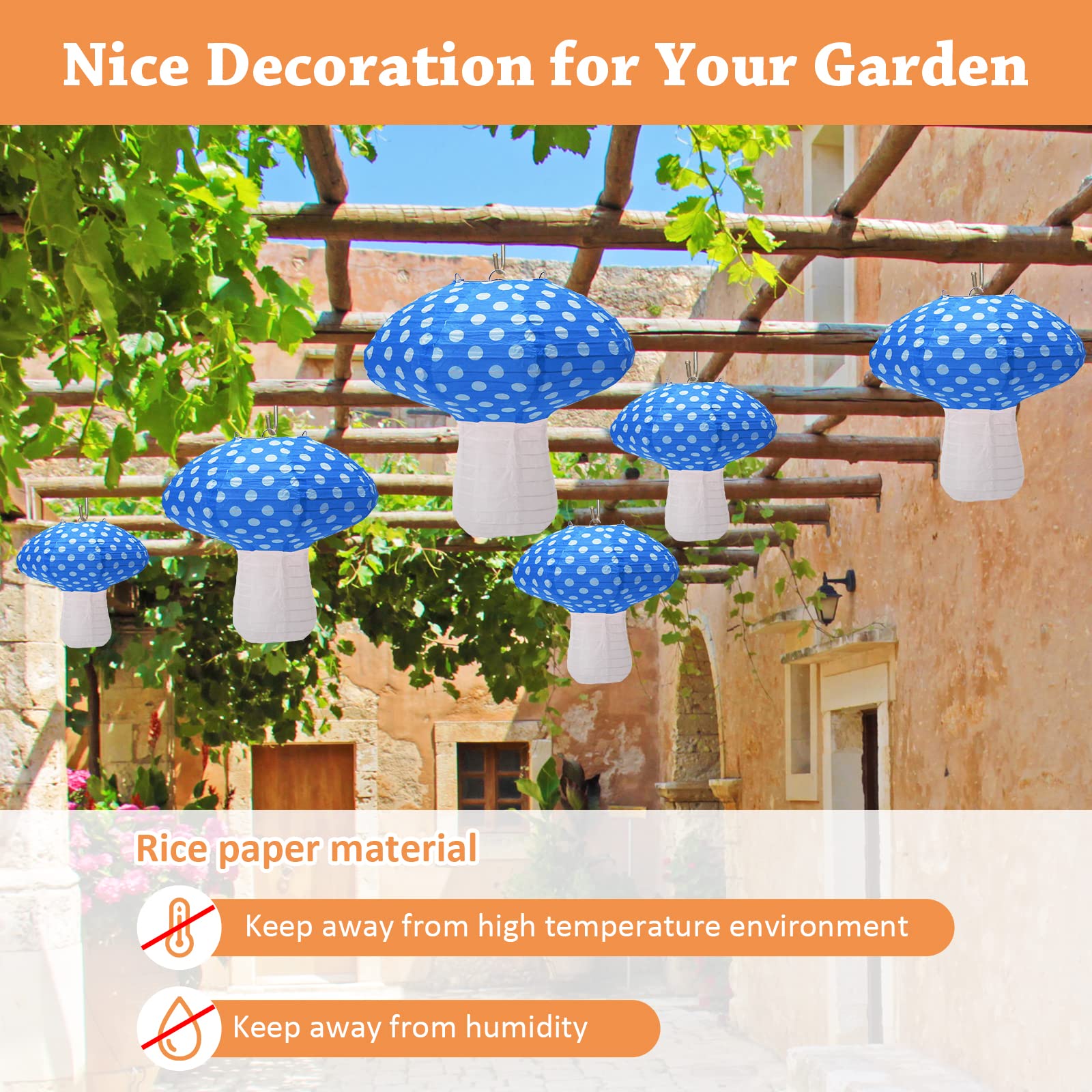 Windspeed Mushroom Shaped Paper Lanterns, 8 inch & 12 inch, Blue, Set of 4 for Nursery Garden Christmas Party Decoration