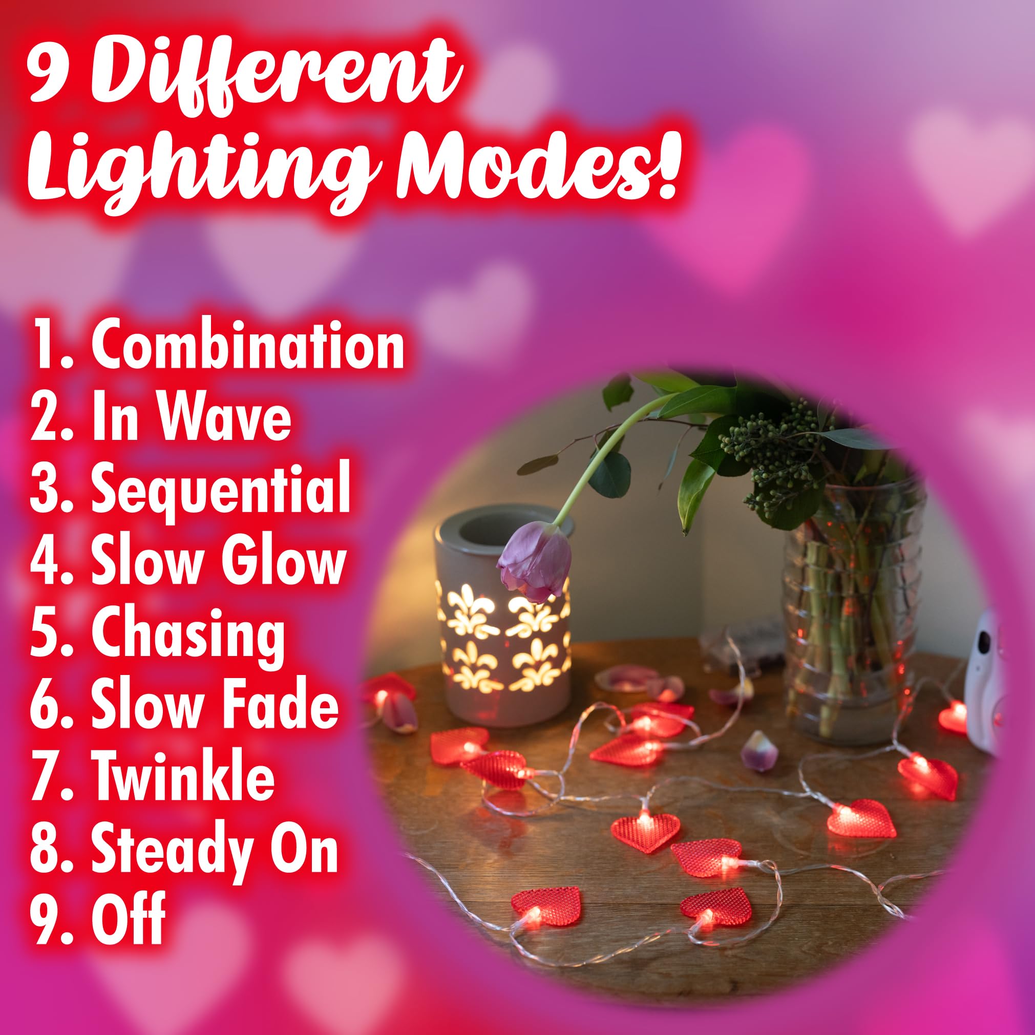 Valentines Day Red & White Heart 10ft String Lights- 2pk w 40 Total LED Fairy Lights- Easy to Hang & Battery Powered- 9 Differen