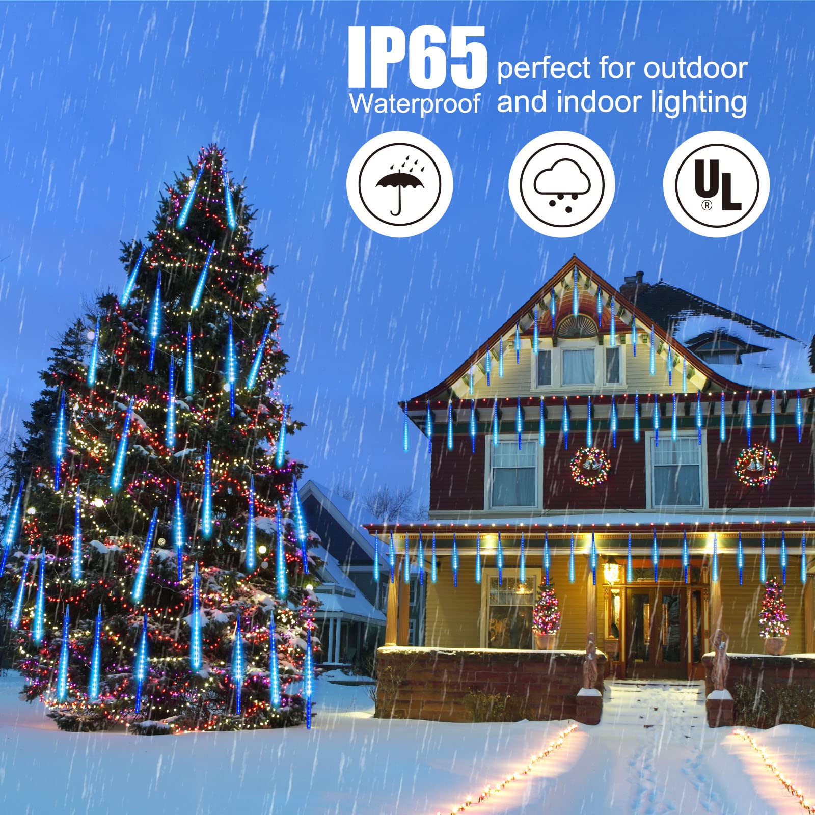 Brightown Meteor Shower Outdoor Lights, 576 LED Icicle, Waterproof, 16 Tubes, Blue, Model JT-EL/FC300V0300-D1