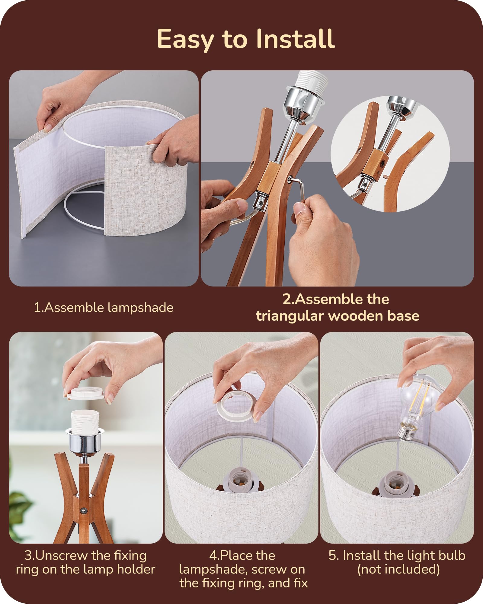 Edishine Mid Century Tripod Table Lamp - Dark Wood Base & Beige Linen Shade, 17.5&quot; Nightstand Lamp