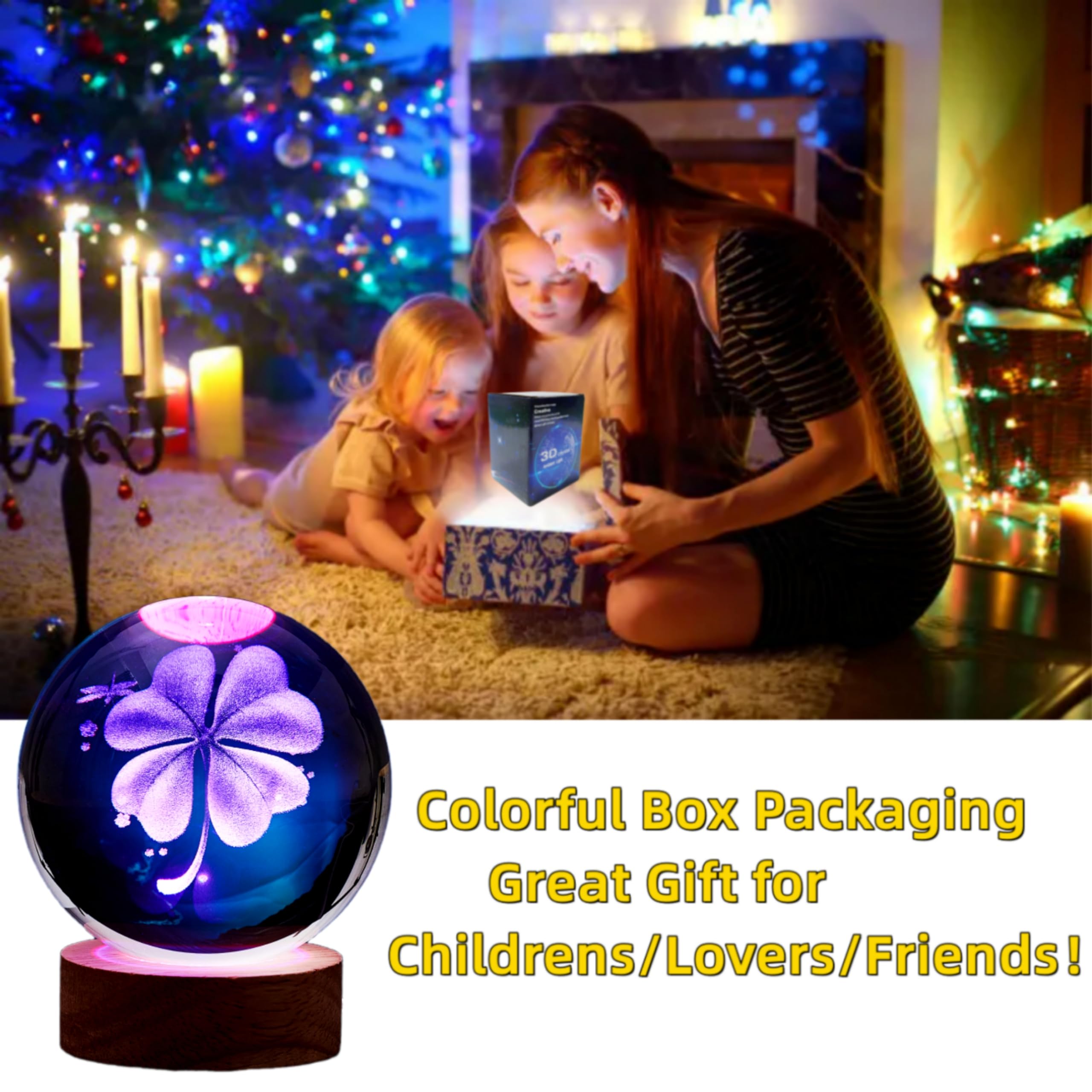 3D Four-Leaf Clover Crystal Ball Lamp,Lifelike 3D Led Clover Night Light,16 Colors Changing Light,Dimmable Remote Control,Clover