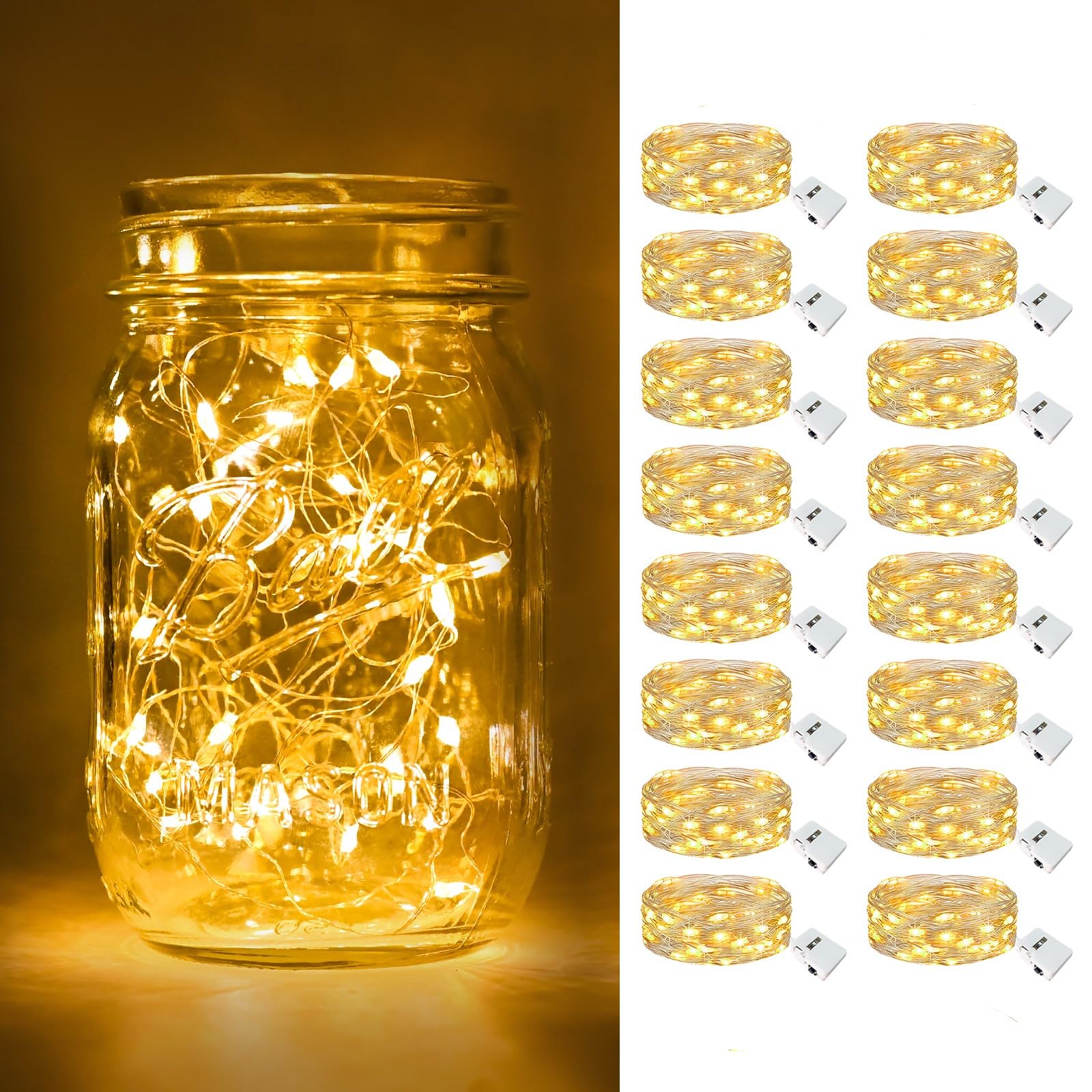 btfarm 16 Pack Fairy Lights Battery Operated [3 Modes]  7ft 20 Led Twinkle Lights String Lights Waterproof Bulk Small Mini Silver Wire for Christmas Mason Jars Wedding Table Centerpiece  Warm White