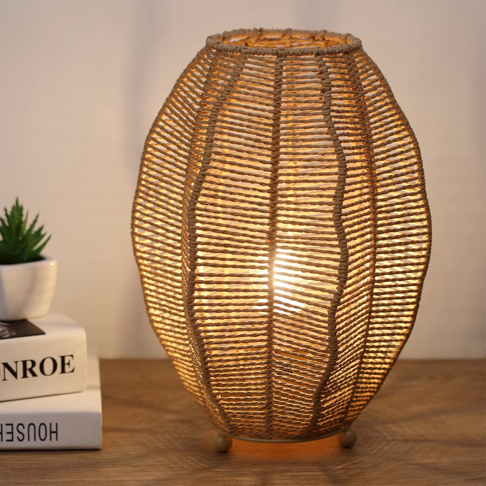 Sainsbarry Rattan Woven Side Table Lamp for Bedroom Living Room  Boho Coastal Lamp Farmhouse Nightstand Lamp Tripod Desk Lamps Mid Century for Beach Room Kids Room Cafe Bar