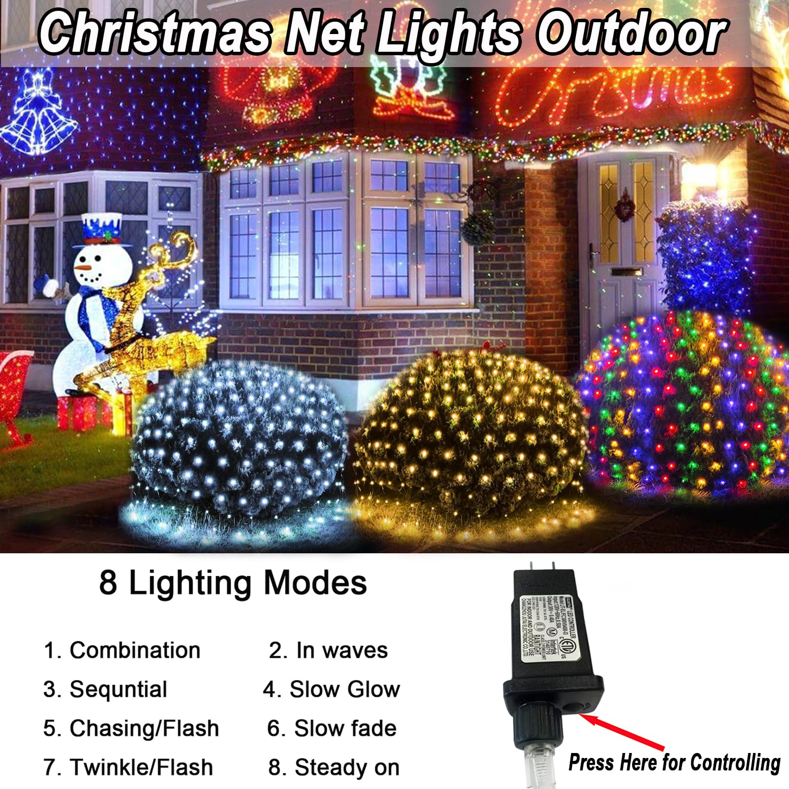 Lov high-standard 510 LED Christmas Net Lights, Waterproof, 27.9ft x 5ft, Clear Wire, Warm White, 8 Modes, Model LR-(1-1000) L