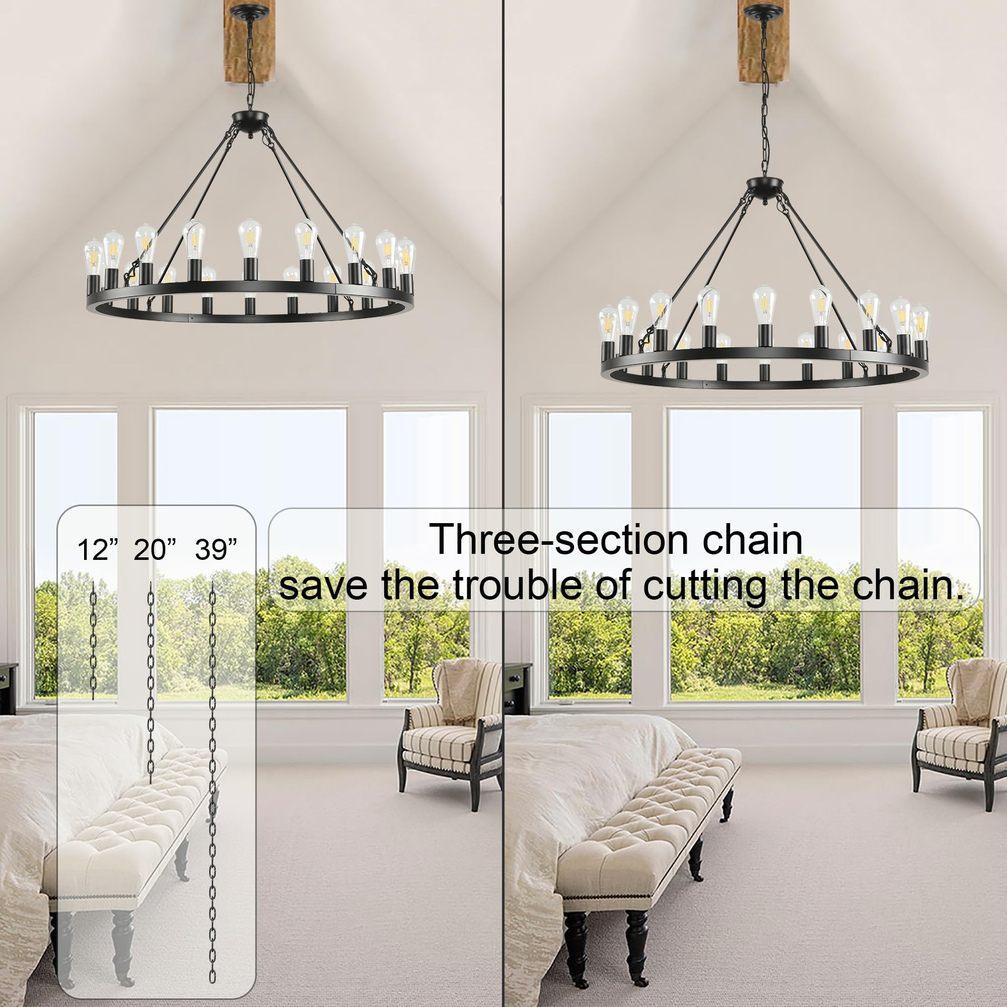 Sarudiir 40 Inch Black Wagon Wheel Chandelier 20-Light Farmhouse Round Wheel Chandeliers Hanging Light Fixture Outdoor Wagon Whe