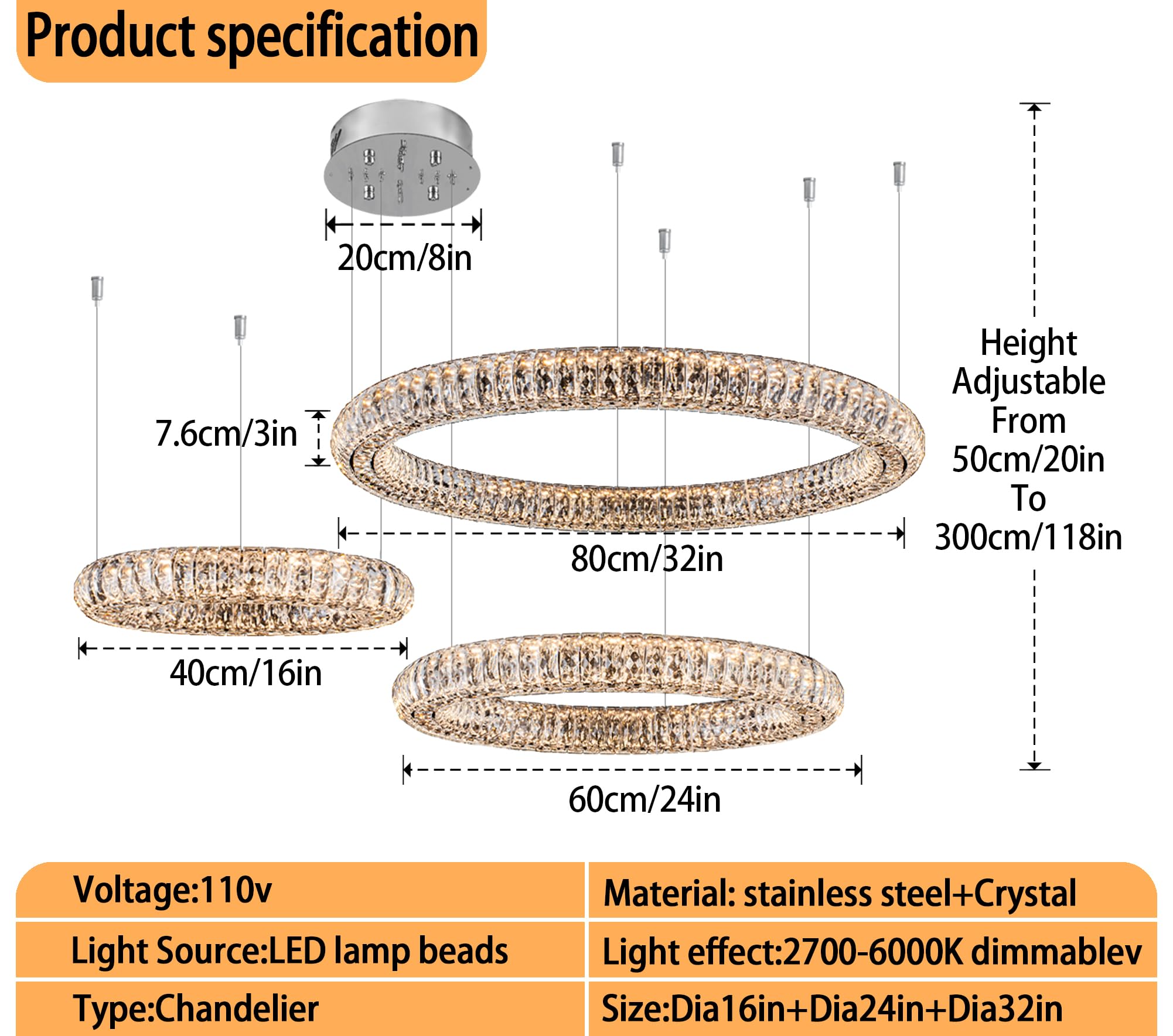Idequy Modern Crystal Chandelier Dimmable Led 39.4'' Ring Pendant Light Adjustable Black Round Crystal Chandelier Light Fixtures