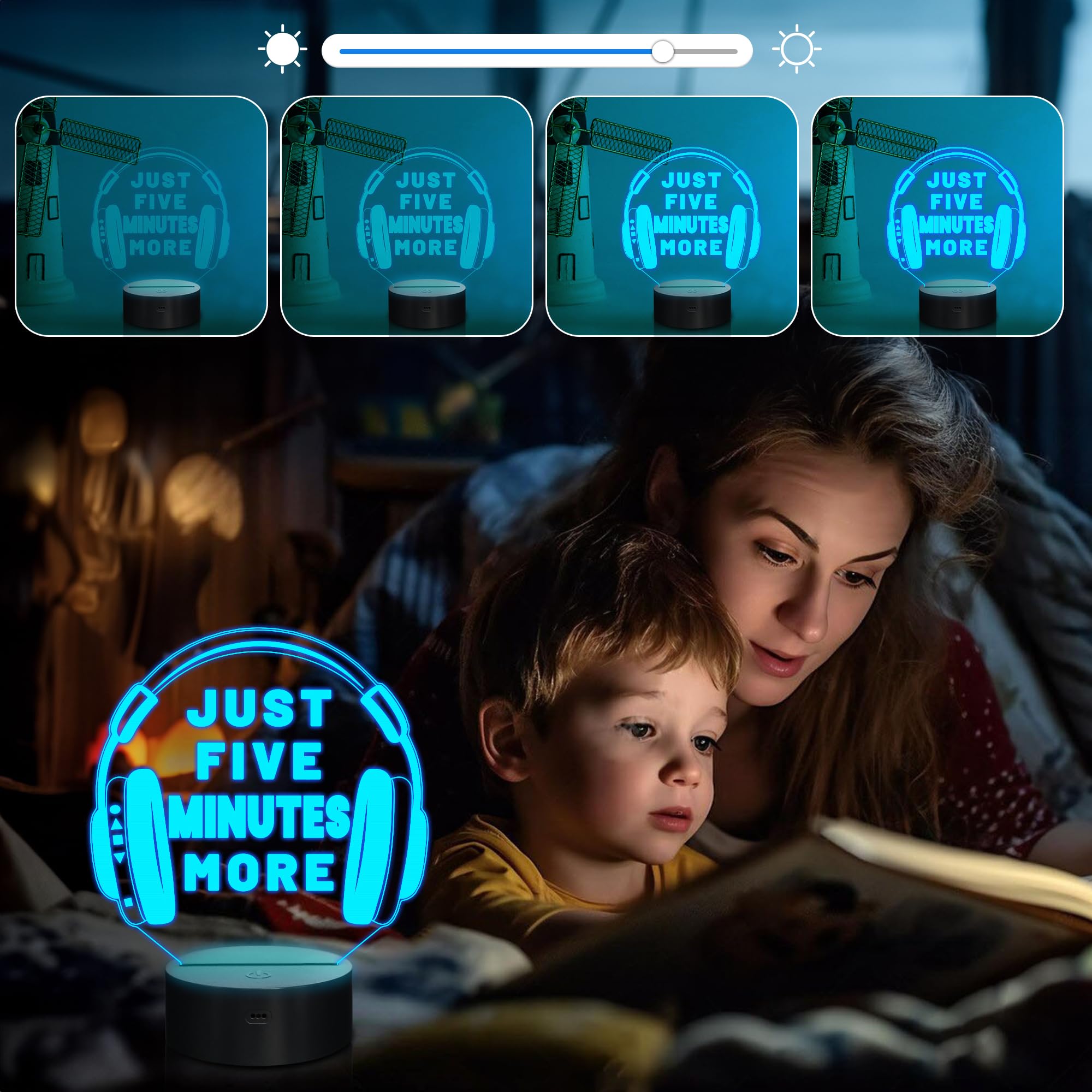 Attivolife Just Five Minutes More Night Light, Headphone Graphic Video Games Gamer Room Decor, Funny Gift 3D Illusion Lamp 16 Colors Changing Touch & Remote Control For Men Teenagers Kids