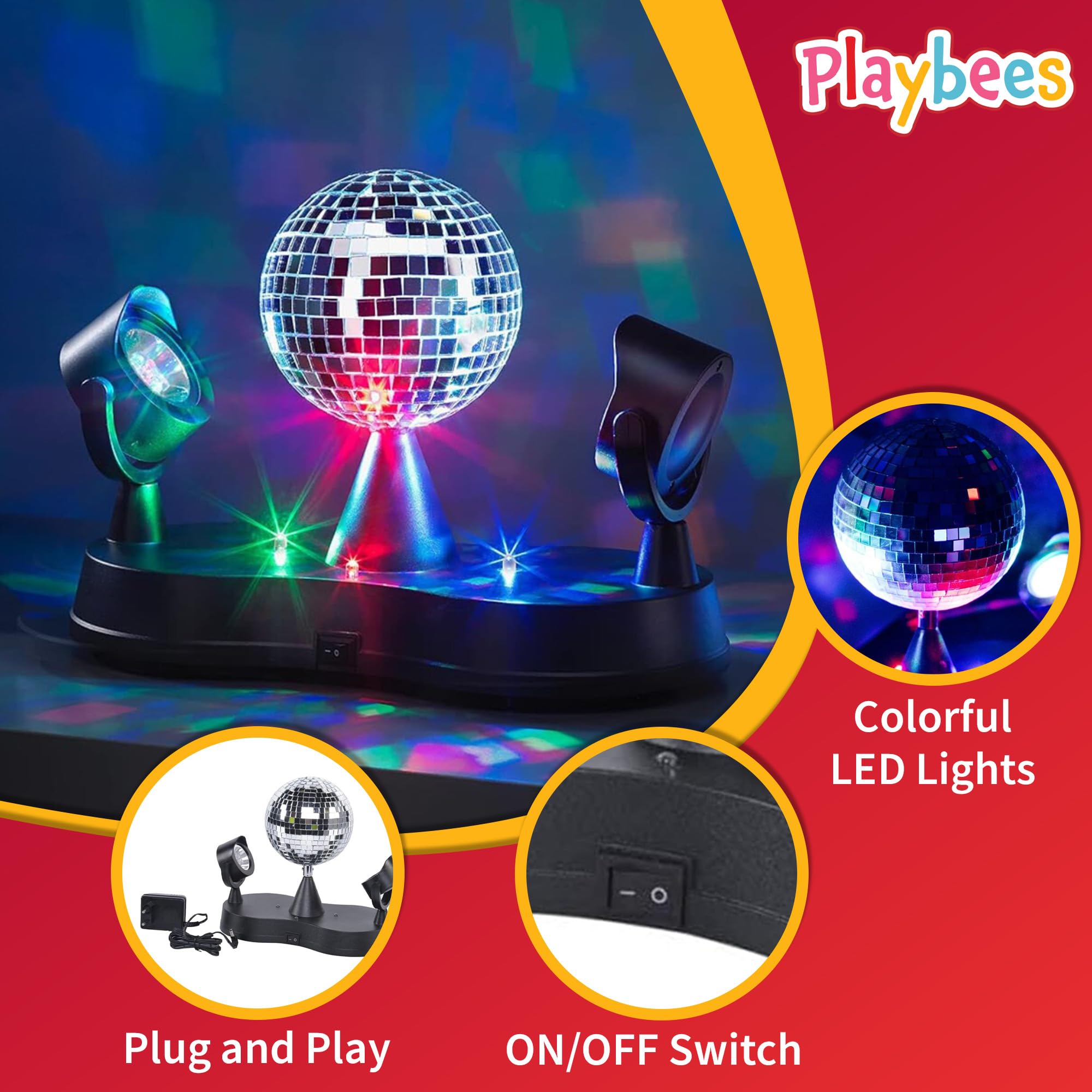 Playbees Rotating Disco Ball - Led Revolving Disco Ball With Movable Strobe Lights For Disco Party Decor, Mirror Lights Party, Mini Lava Lamp Alternative, 30 Second Dance Party