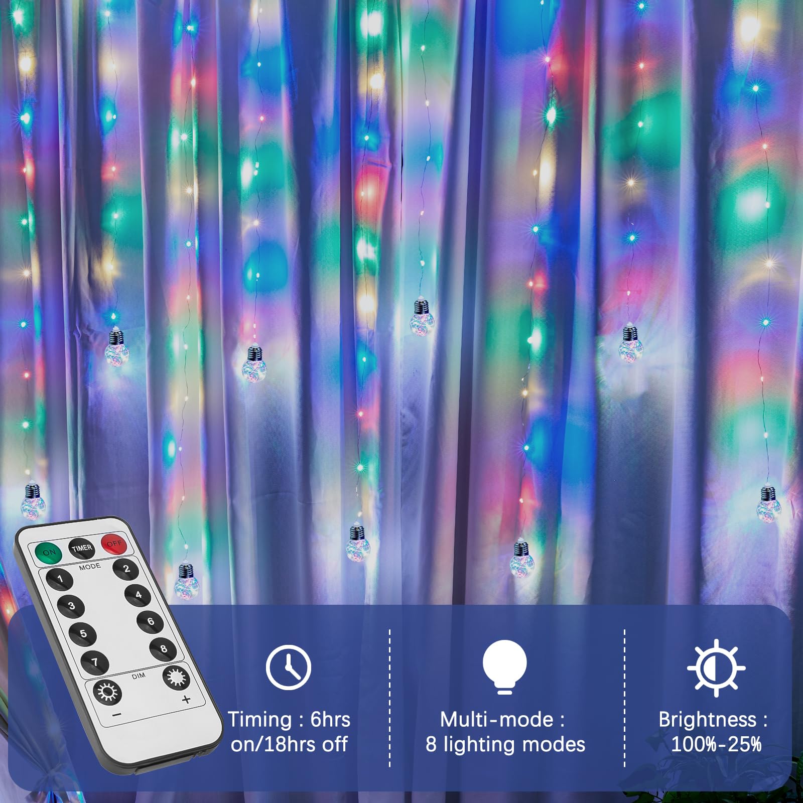 Minetom 185 Led Wishing Ball Curtain Lights - Fairy String Lights With Remote, Usb Powered Waterproof For Christmas Wedding Party Bedroom Decoration, Multicolored