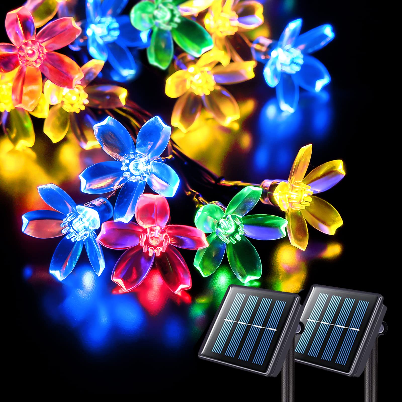 JMEXSUSS 2 Pack Solar Christmas Lights Outdoor Waterproof, Each 30.6FT 50 LED Solar Flower String Lights, 8 Mode Cherry Blossoms Multicolor Solar Lights for Garden Yard Patio Tree Decor