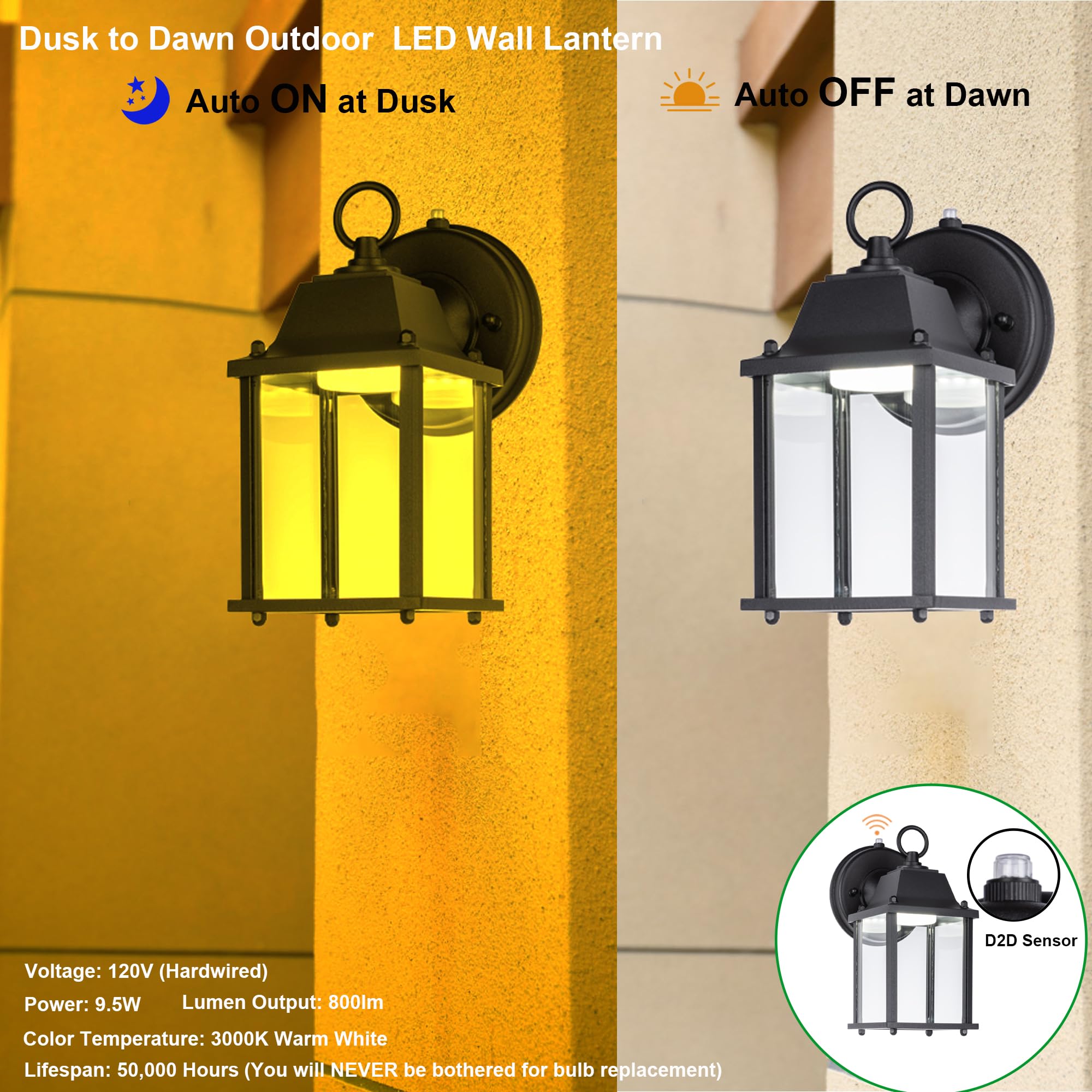 LIT-PaTH Outdoor Wall Lantern, LED 3000K Warm White, 9.5W, 800 Lumen, Aluminum, 2-Pack, Black, Model LT-WL013