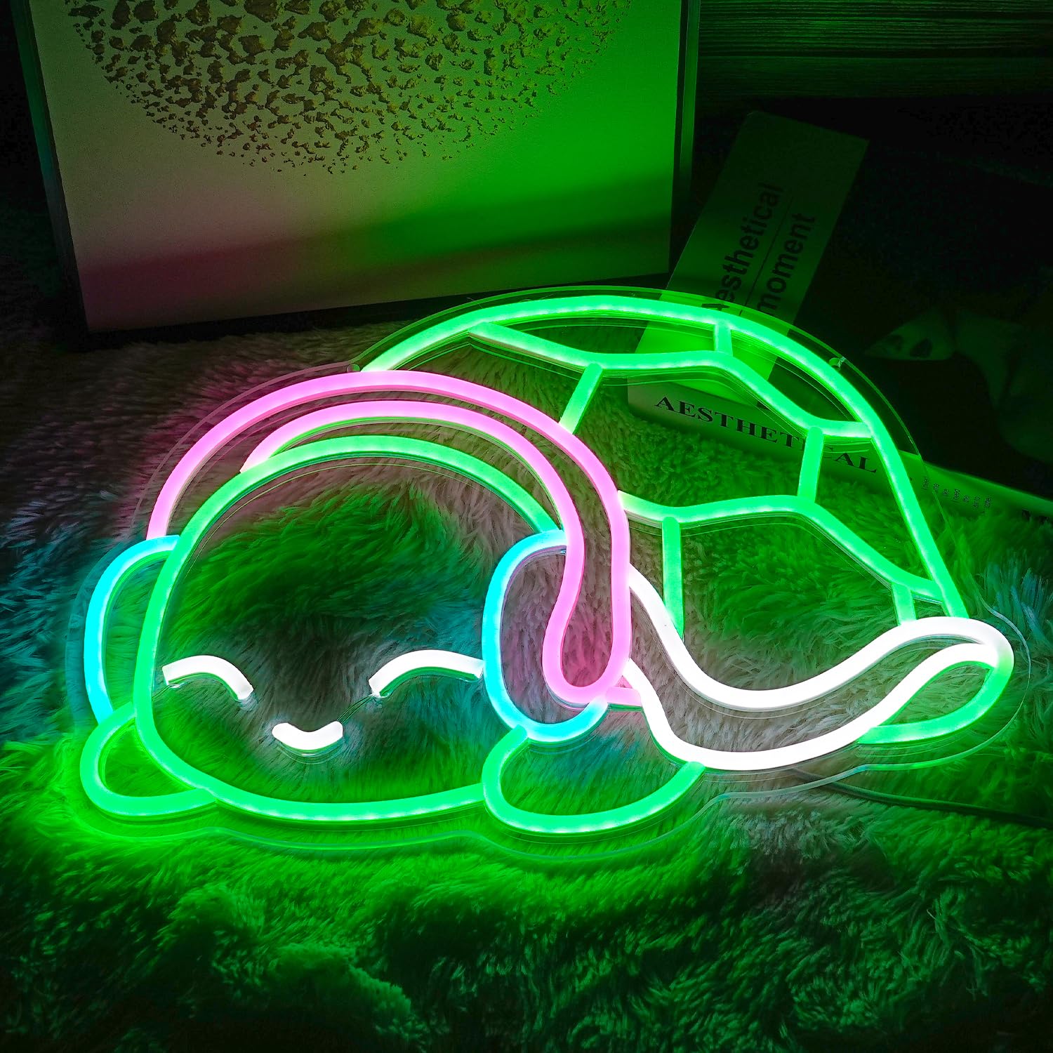 LISIGNVE Turtle Neon Sign - Dimmable LED Wall Light Art, 16.1 x 11.4 inches, Green White Pink for Bedroom, Bar, Club Decor