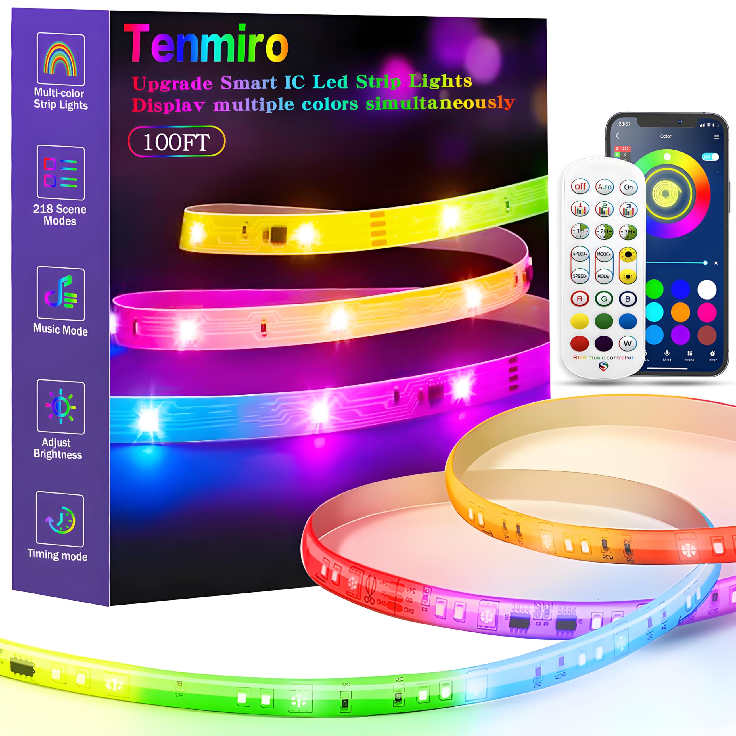 Tenmiro Upgraded Smart IC 100ft LED Lights for Bedroom, Multiple Colors on One Line LED Strip Lights, Bluetooth APP Control Musi