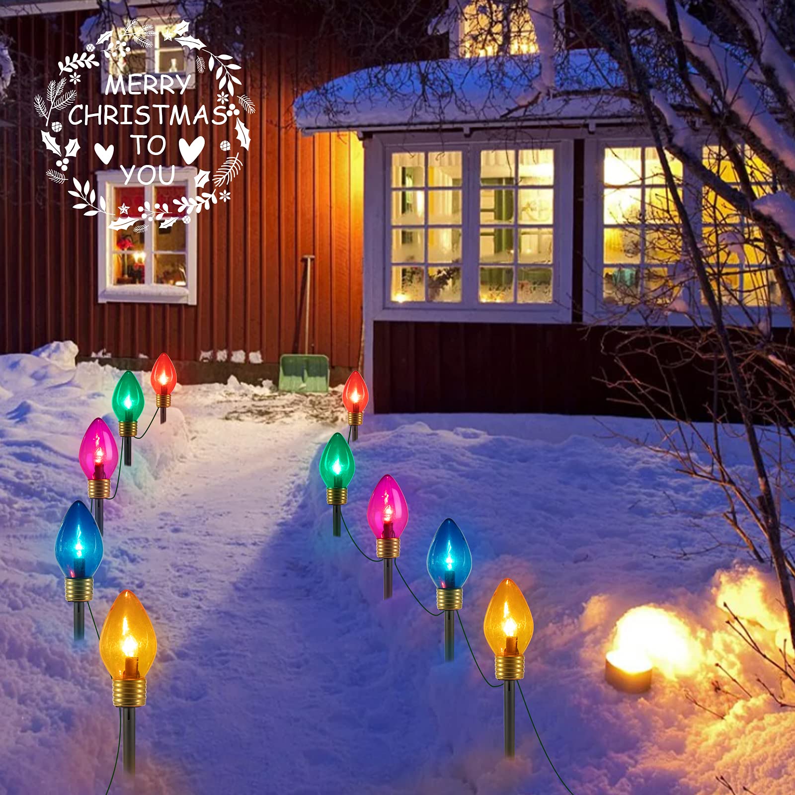 2 Pack Christmas Lights Jumbo C9 Outdoor Lawn Decorations With Pathway Marker Stakes, 8.5Ft C7 Lights Covered Jumbo Glitter Mult