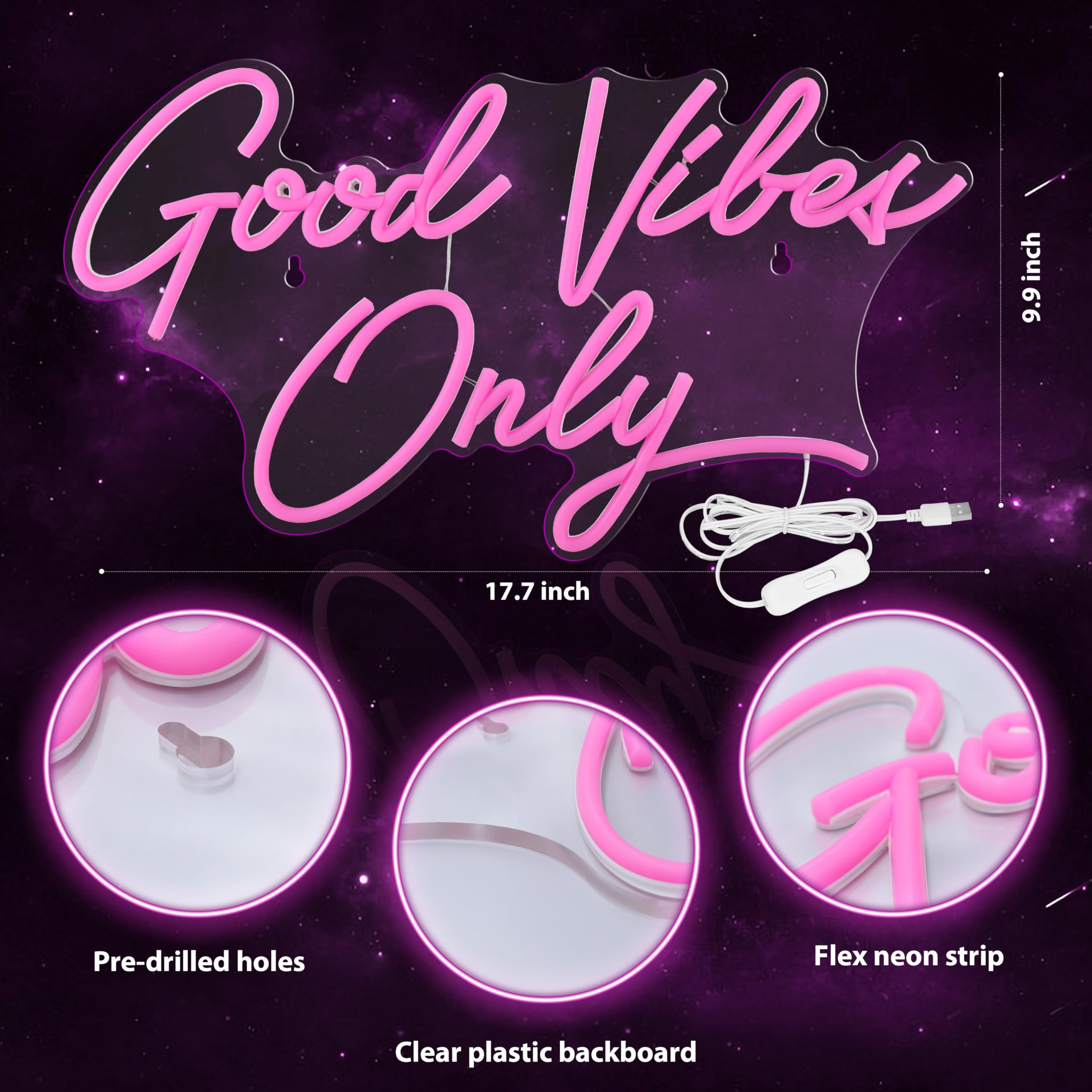 Kavaas Neon Wall Sign - Good Vibes Only LED Decor, 17.7in x 9.9in, Acrylic, Pink