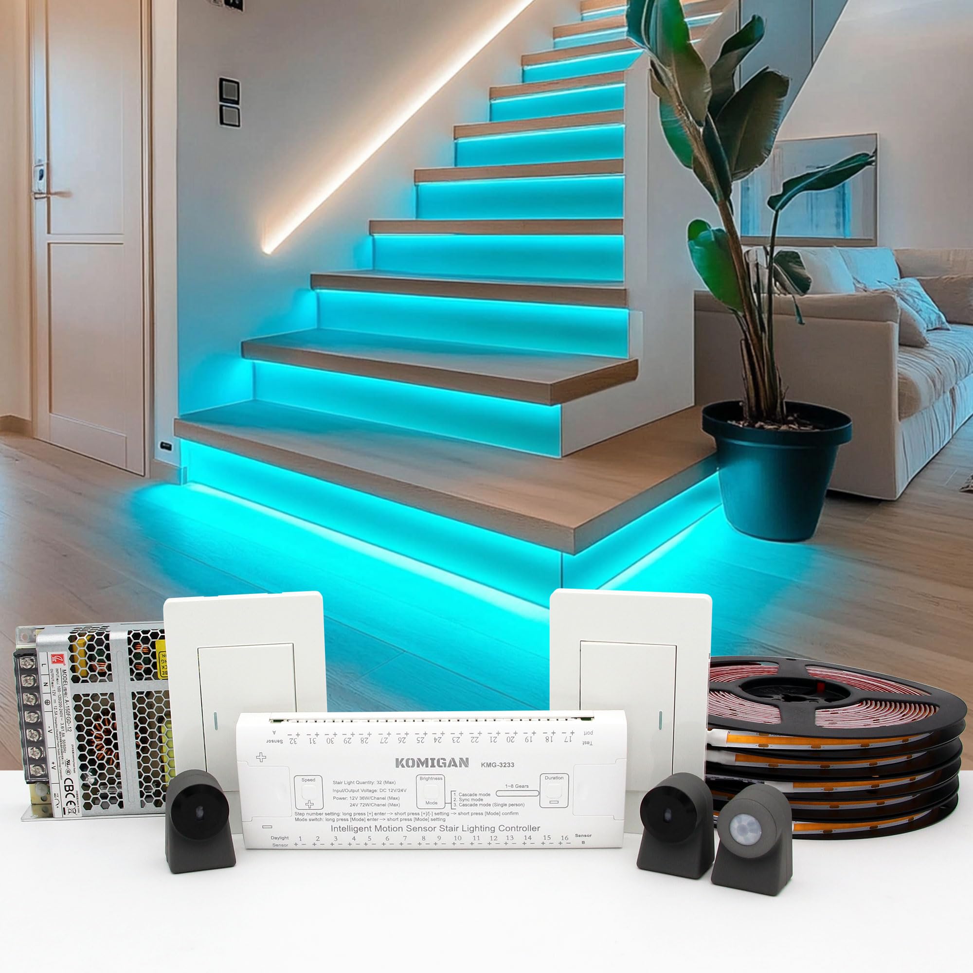 Komigan Intelligent Motion Triggered Led Stair Lighting Kit Kmg-3233  40 Cuttable Led Strip Light For Indoor Led Stair Lights (Mars Green Color  16 Stairs)
