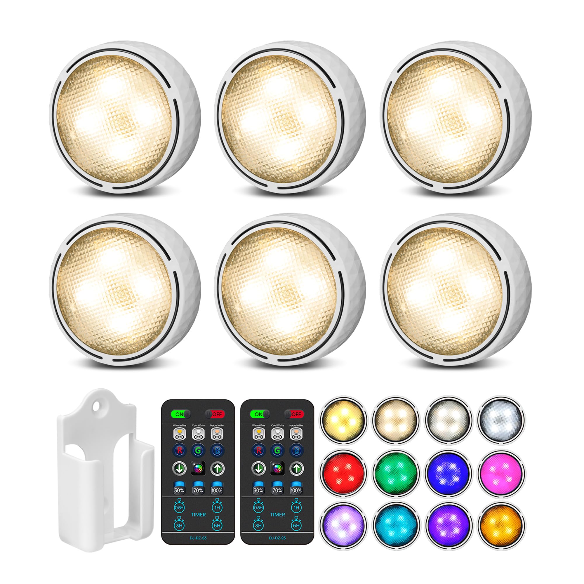 TECOMLIGHT LED Puck Lights with Remote Control, Wireless Battery Operated, Color Changing, 6 Pack, White, Model 5#-F-22-02