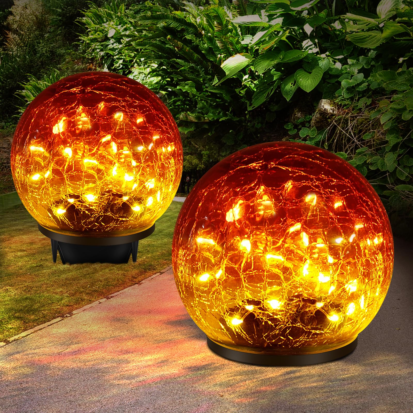 Keevvon 2 Pack 60 LED Garden Solar Outdoor Lights Decorative, Gradient red Cracked Glass Solar Globe Lights, Upgraded Waterproof Ball Lights for Yard Pathway Patio Lawn Christmas Outside Decor