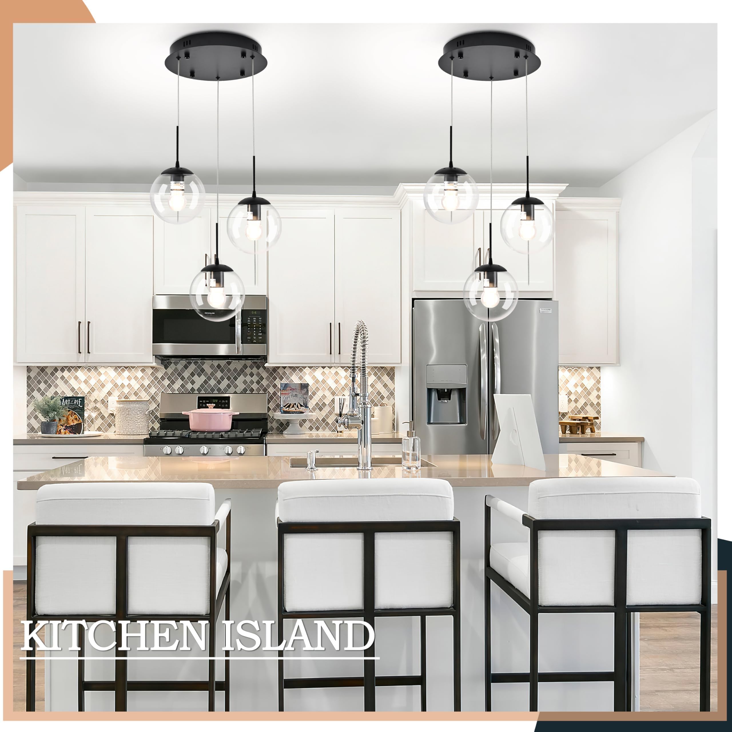 Koko&Yukina 3-Light Globe Glass Pendant Light Modern Black Clear Globe Glass Chandelier Adjustable Length Pendant Lights Fixture