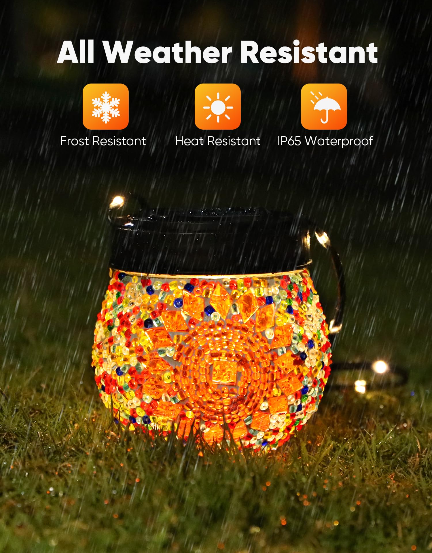 PARTPHONER Mosaic Solar Lights - 6 Pack, Waterproof Glass Globe Lanterns, Orange, Model PASO061AY6, Ideal for Garden & Patio Decor