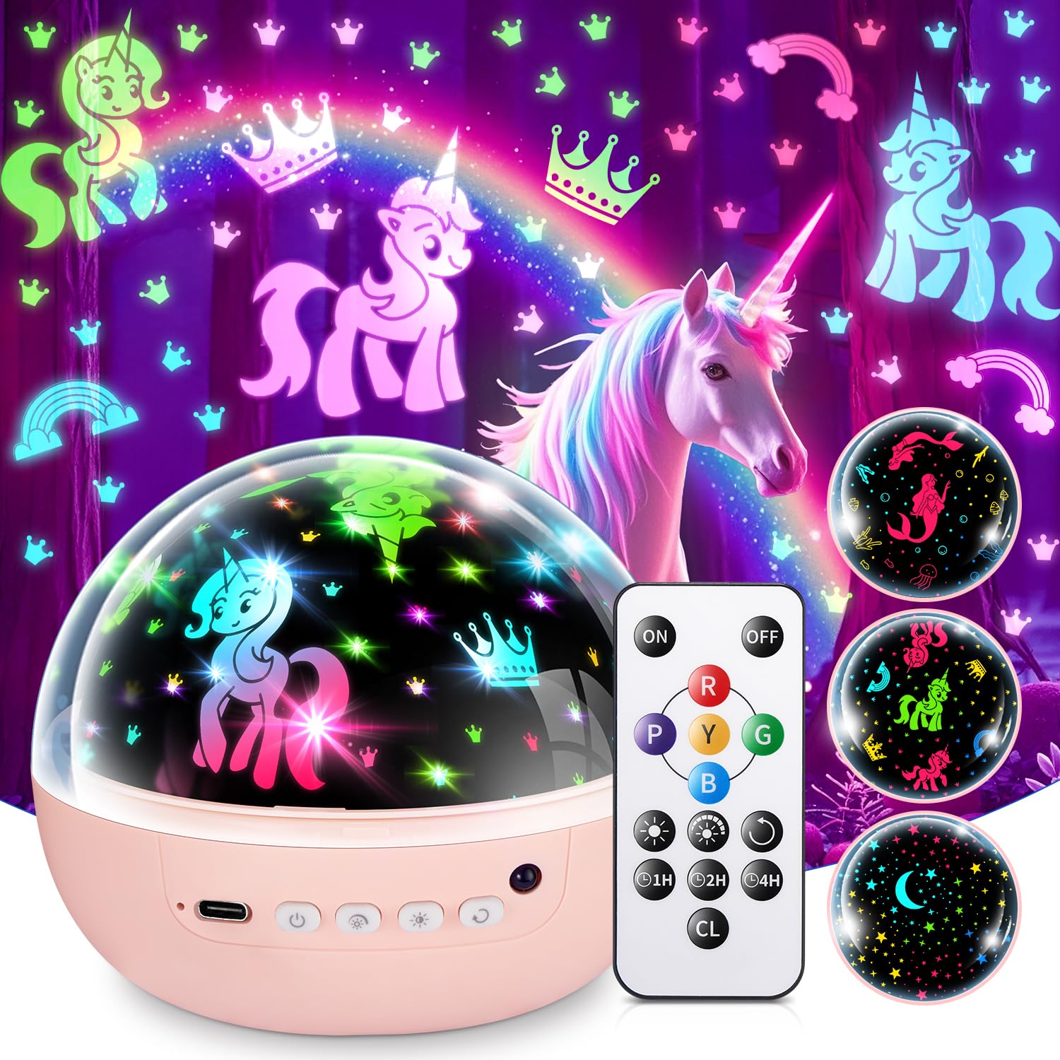 PIKOY Star Projector & Unicorn Princess Toy for Girls, 3 Slides, Pink, Model WH-E26, Birthday Gift for Ages 2-8