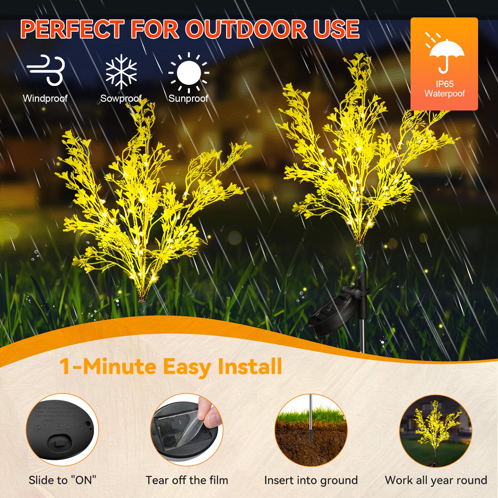 Neporal Solar Garden Lights - Waterproof IP65, Solar Powered, 2PK, Yellow, Model GOLD-456