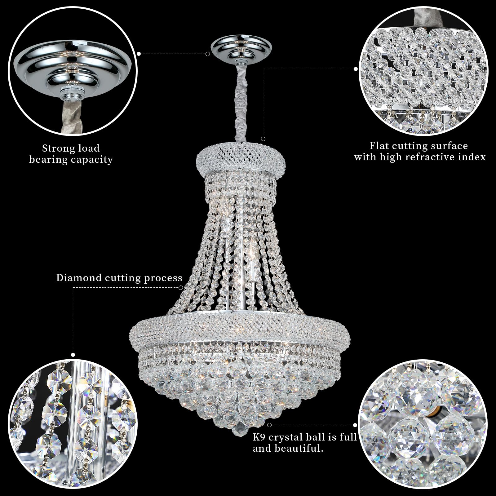 Gifarich Crystal Chandeliers For Dining Room Light Fixture Empire Style K9 Crystal Chandeliers For Entryway 12 Lights Chrome stylish Lighting Fixtures For Living Room Stairway Bedroom Foyer D22 Inch