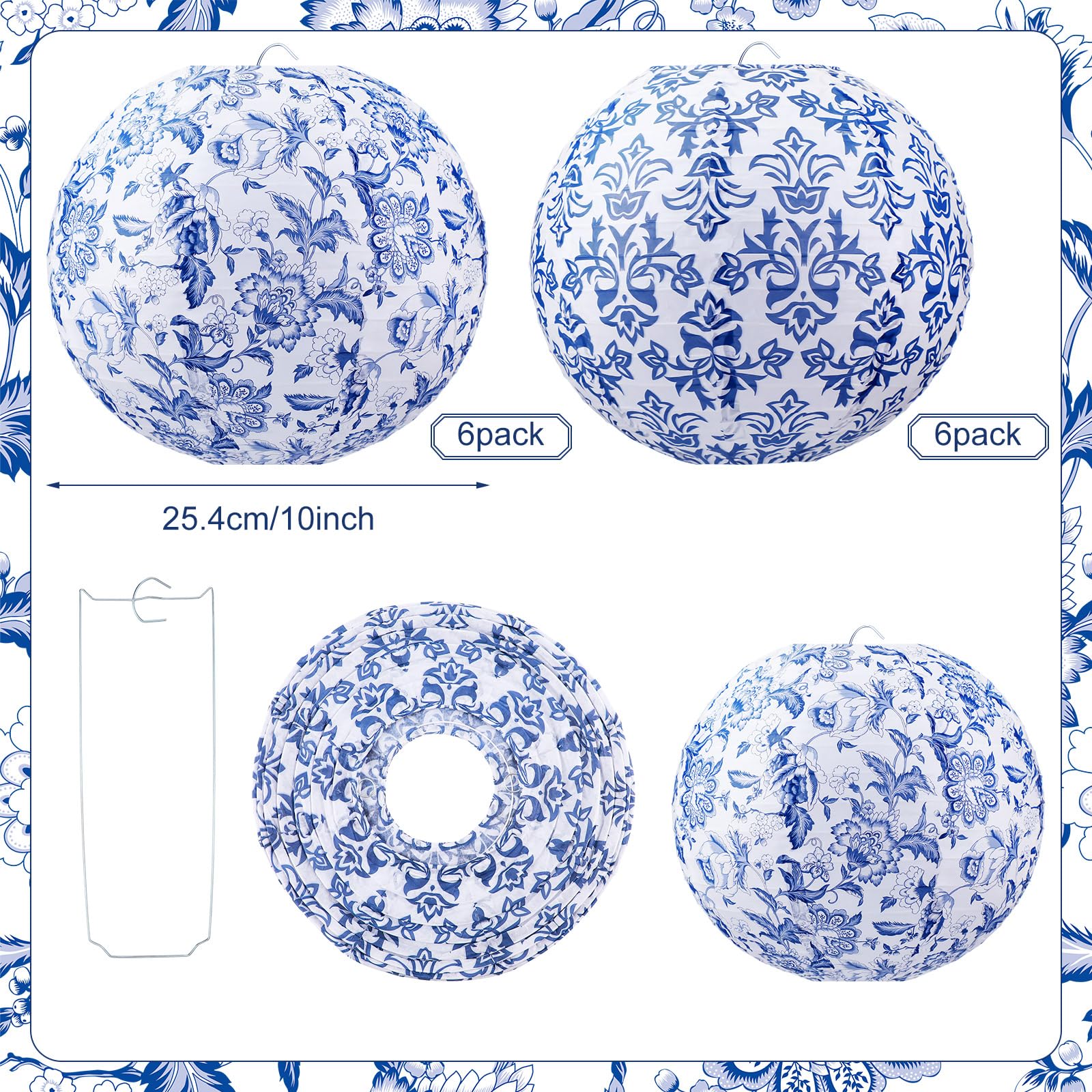 Retisee Chinoiserie Paper Lantern Set, 12 Pcs, 10" Blue & White Ceramic Hanging Lanterns for Wedding, Birthday, Baby Shower Decor