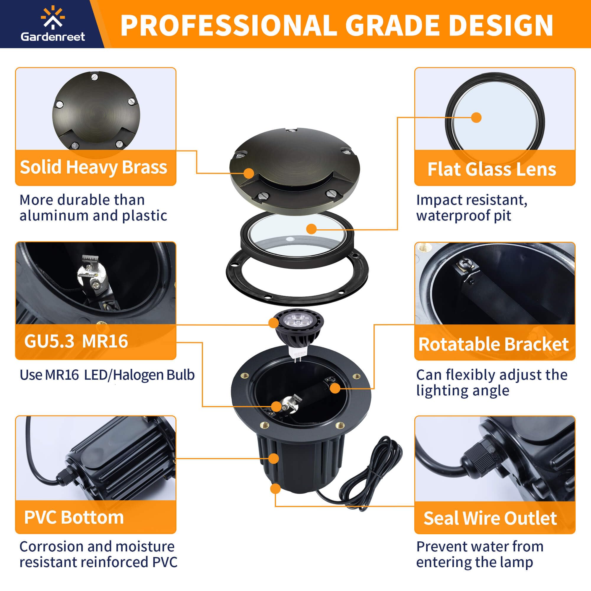 Gardenreet Brass In Ground Lights Kit(6 Pack) With 150W Low Voltage Transformer & Mr16 Bulb & 100Feet Wire & Connectors, 12V Led