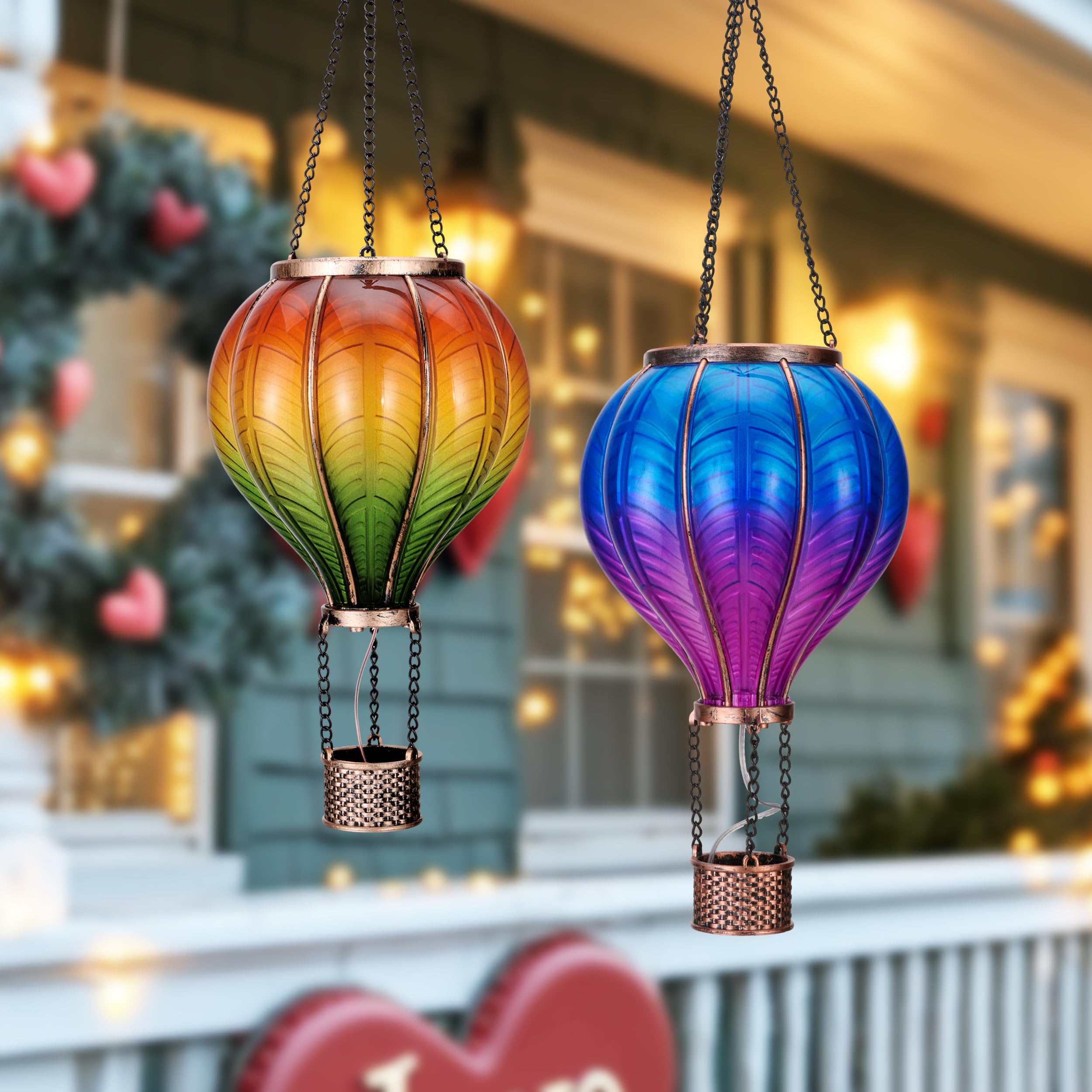 Teresa'S Collections 2 Pack Hanging Solar Lantern Outdoor Garden Decor For Valentine ,Waterproof Plastic Hot Air Balloon Orange