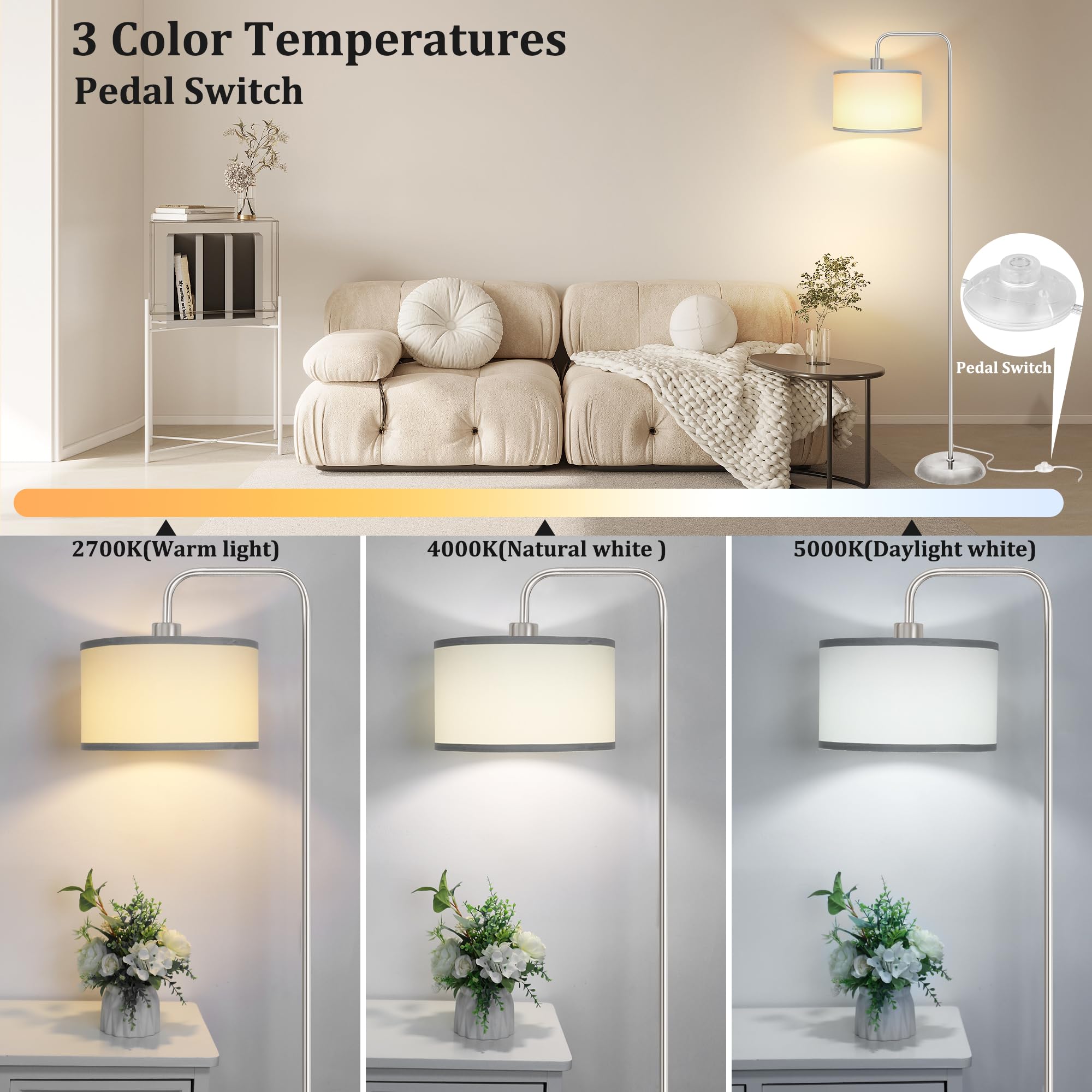 Partphoner Led Floor Lamp - 3 Color Temperatures, Modern Silver Standing Lamp With Foot Switch
