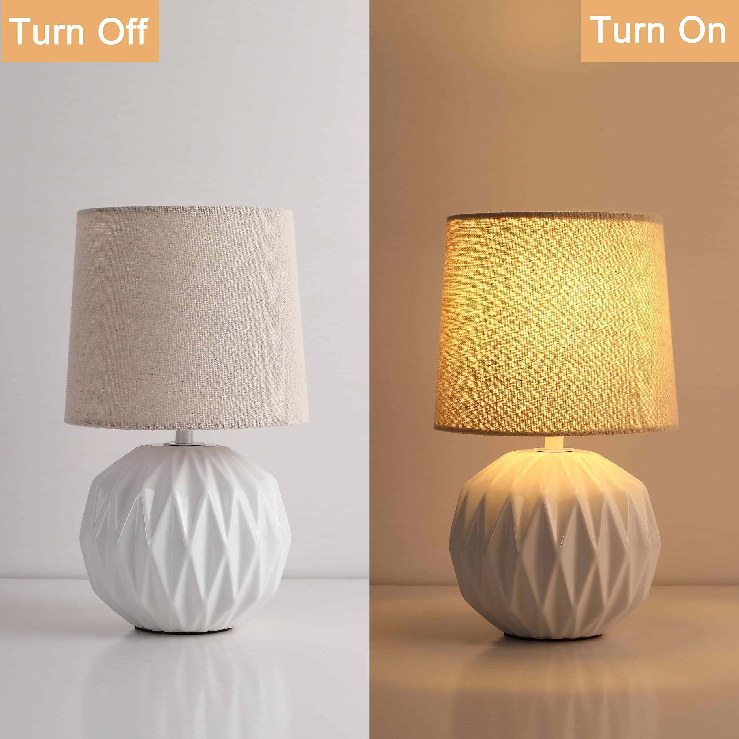 Somniferous White Ceramic Table Lamp, Geometric Textured Small Bedside Lamp With Linen Shade, Mid Century Modern Nightstand Lamp For Bedroom Living Room Reading Room, H 12" X W 6.7"