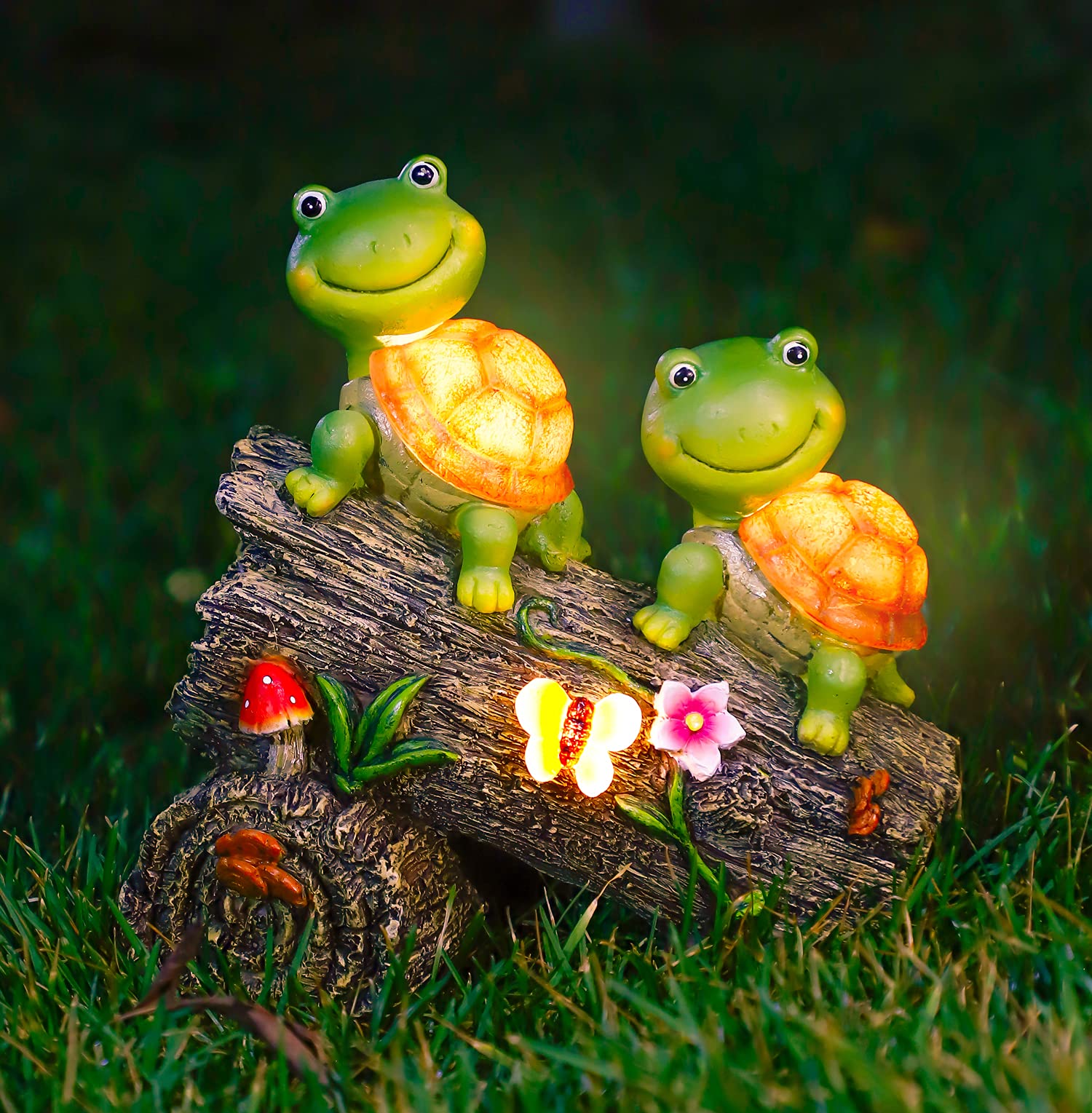 WOGOON Garden Turtle Figurines Outdoor Decorations, Solar Powered Sweet Frog Face Turtles Resin Statue with 4 LED Lights, Garden