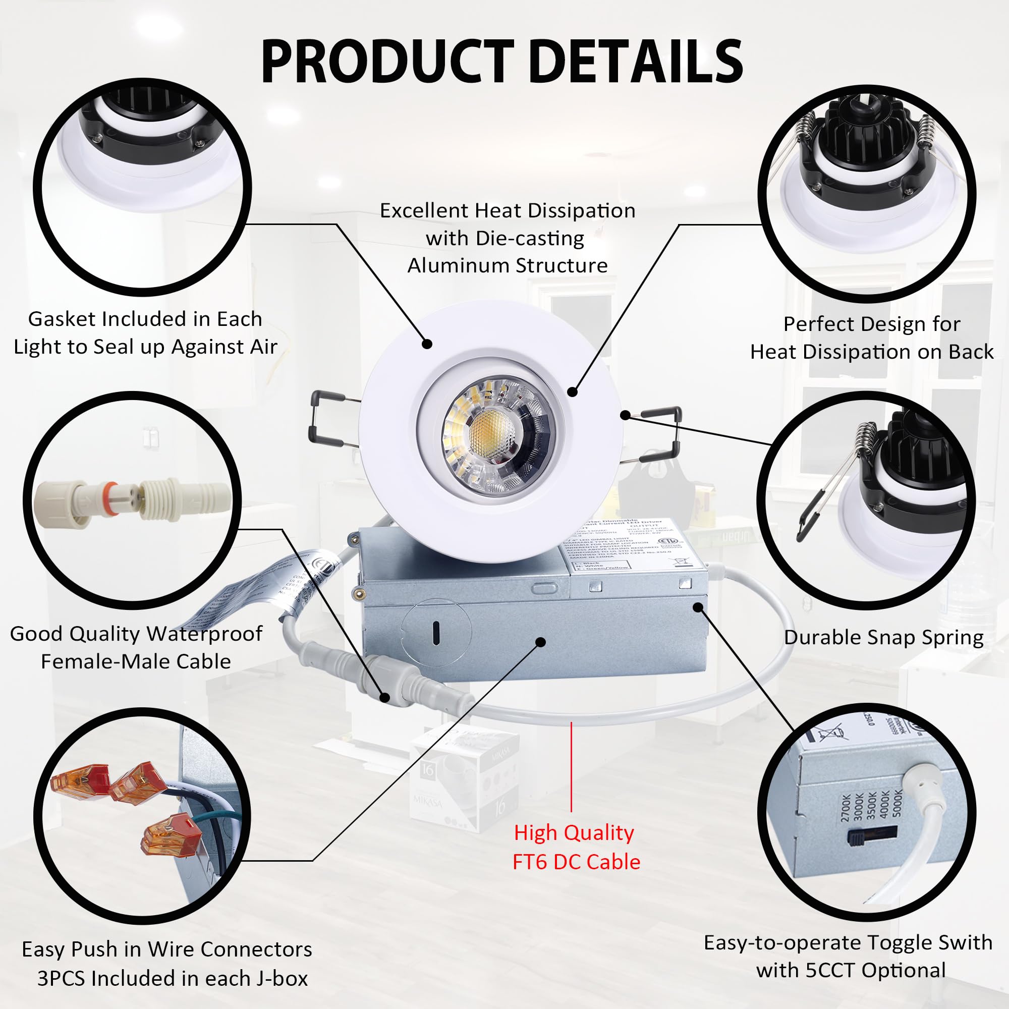 POPANU 3 Inch Canless Recessed Gimbal Downlight, Dimmable 8W, White Aluminum, 5 CCT, 6 Pack