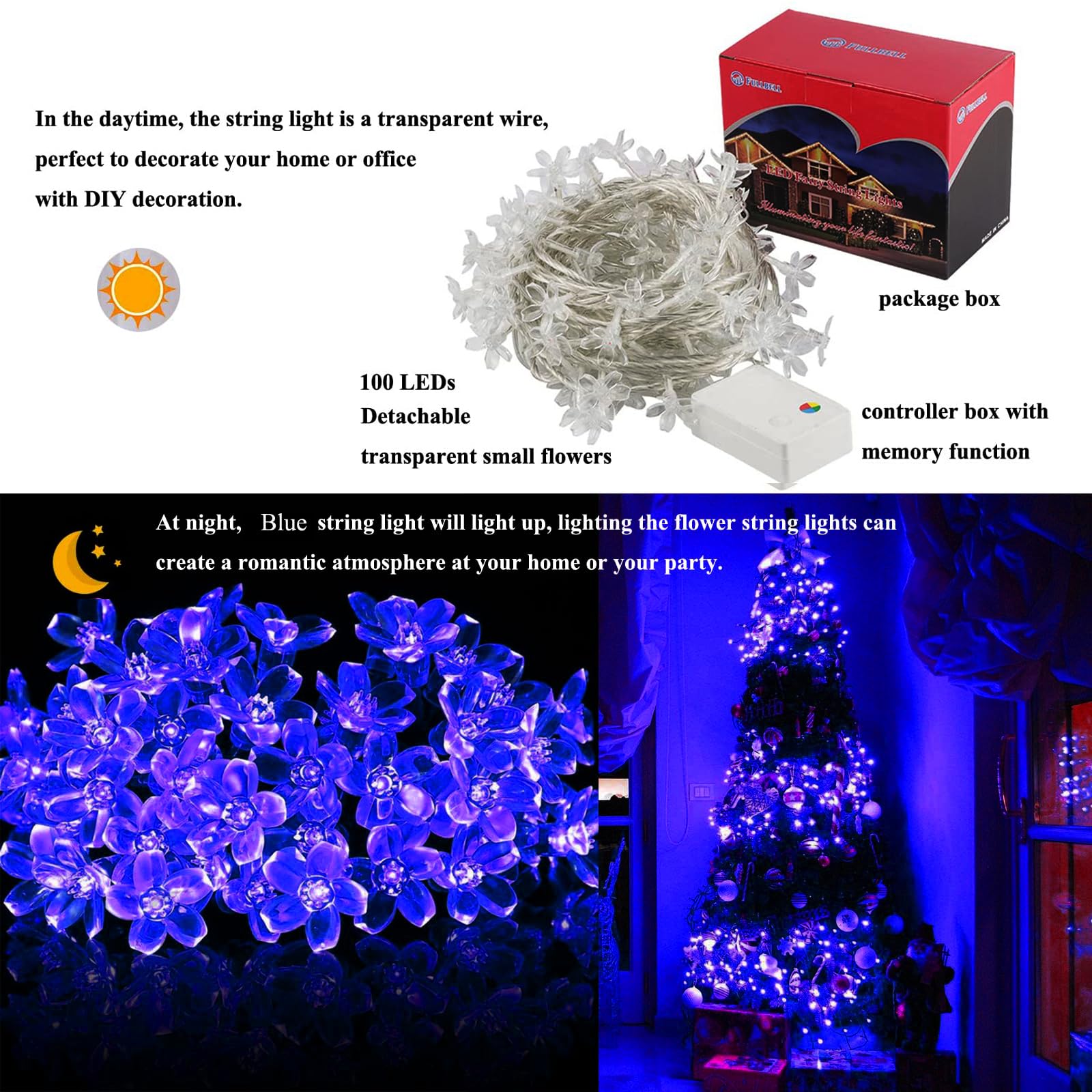 FULLBELL LED String Lights 33Ft 100 LEDs Blue Fairy Lights for Bedroom, Wedding, Party - Indoor/Outdoor Decor, Model 2022SL-FU-CA