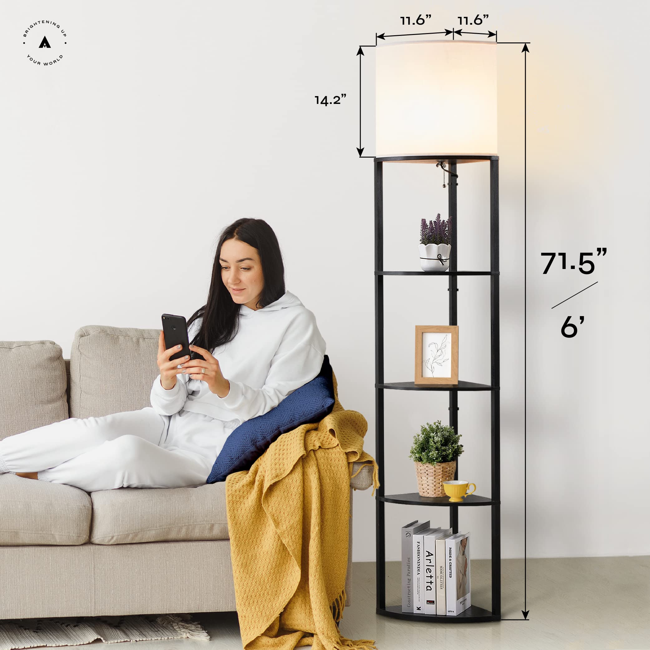 ATAMIN Corner Floor Lamp – 72" Tall with Shelves, Pull Chain Switch, Black – Modern Design for Living Room, Bedroom, Office, Model ATA011