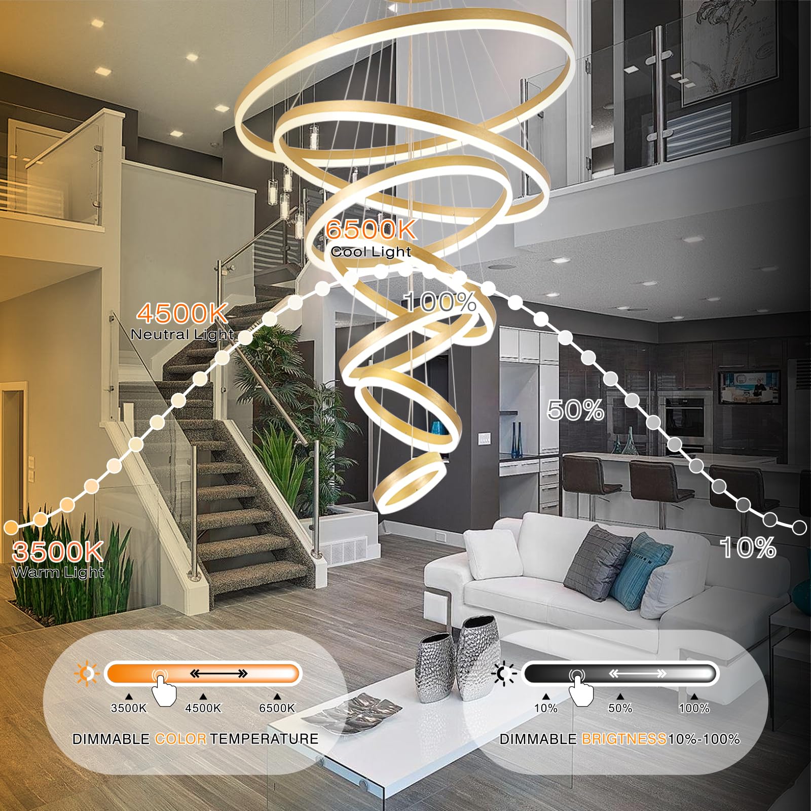 EMBRING 39.37" 7-Ring Gold Dimmable Chandelier Light Fixture, Modern Aluminum Design for High Ceilings, Remote Color Changing