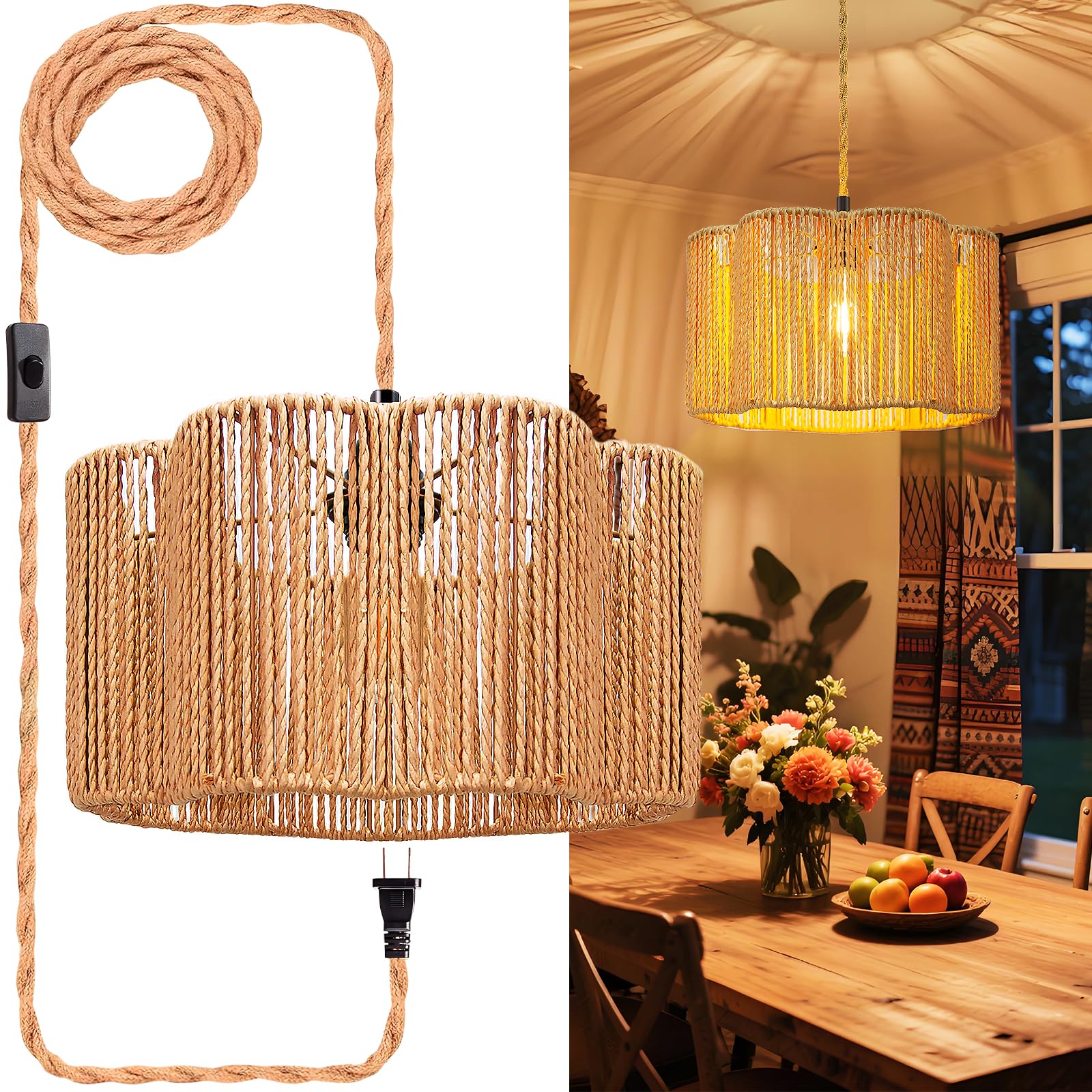 Hanging Lamps Rattan Pendant Light Hanging Lights 16.4Ft Plug In Cord Pendant Light Fixture Plug Into Wall Outlet Pendant Lighting With On Off Switch For Bedroom Living (Cylindrical Flower Shade)
