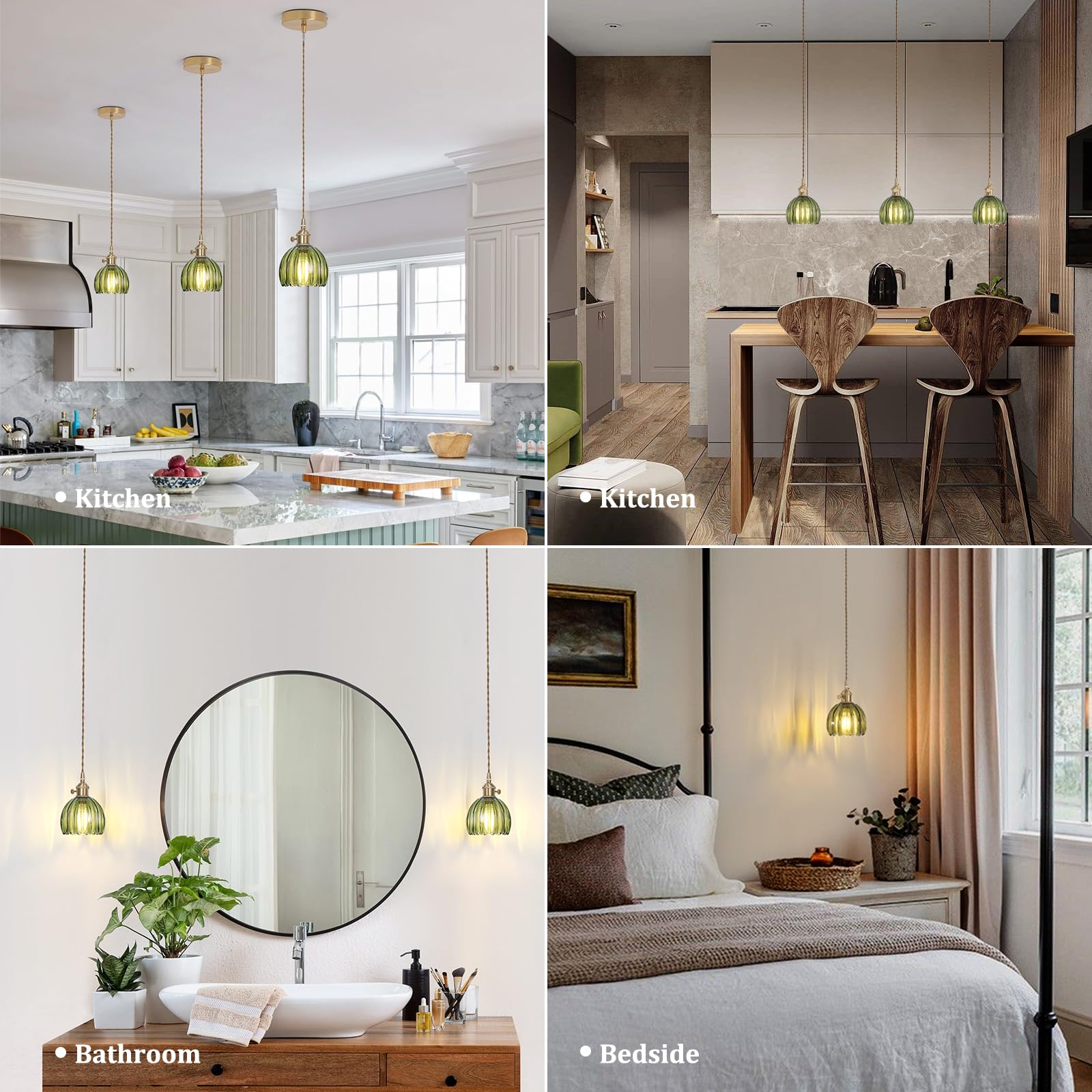 Shenmoyl Mini Pendant Light With Green Tulip Glass Lmapshade, Brass Vintage Pendant Light Adjustable Hanging Light For Kitchen I