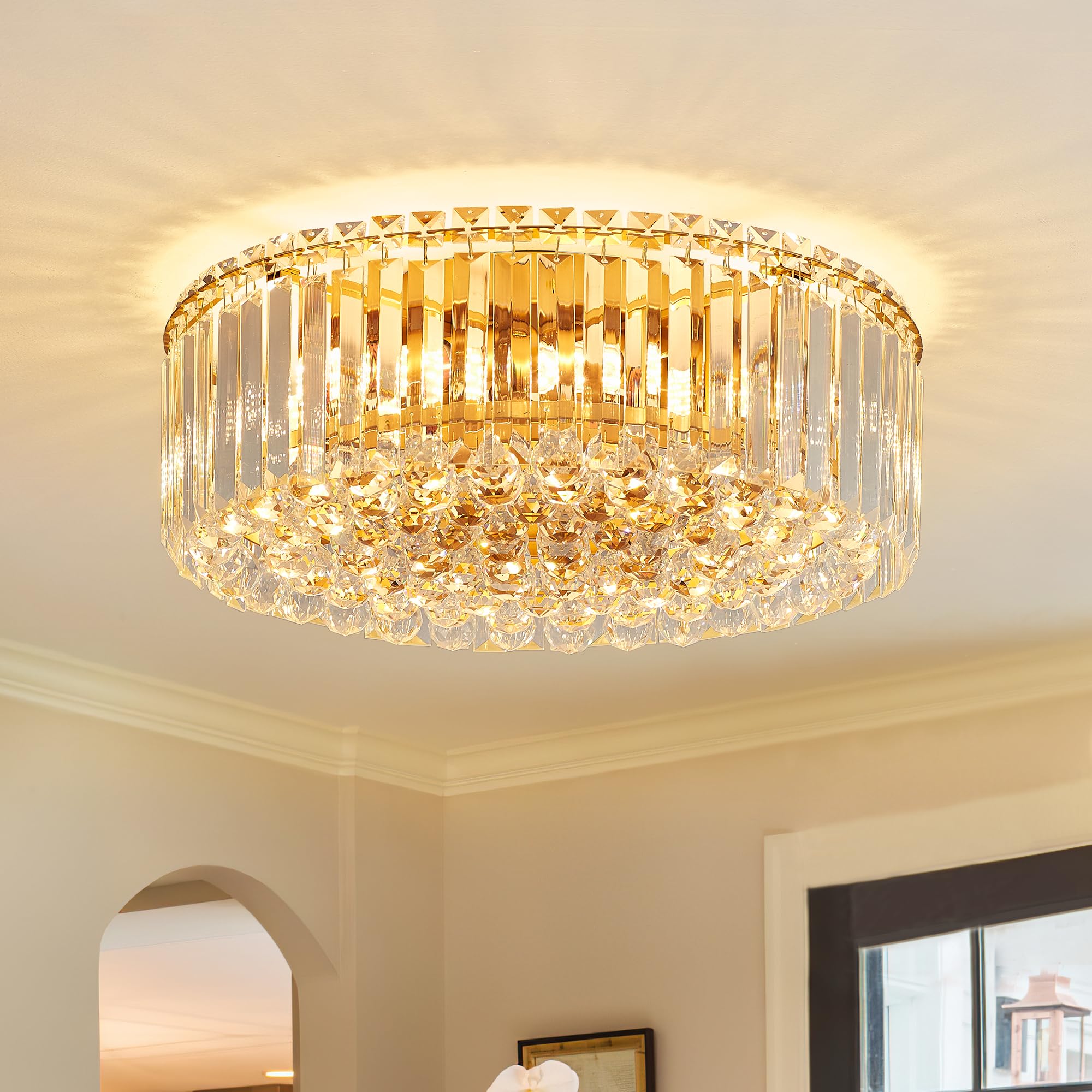 Faibra 17.3'' Gold K9 Crystal Raindrop Flush Mount Ceiling Light, Modern Chandelier, Round Luxury Light Fixture For Dining Room,