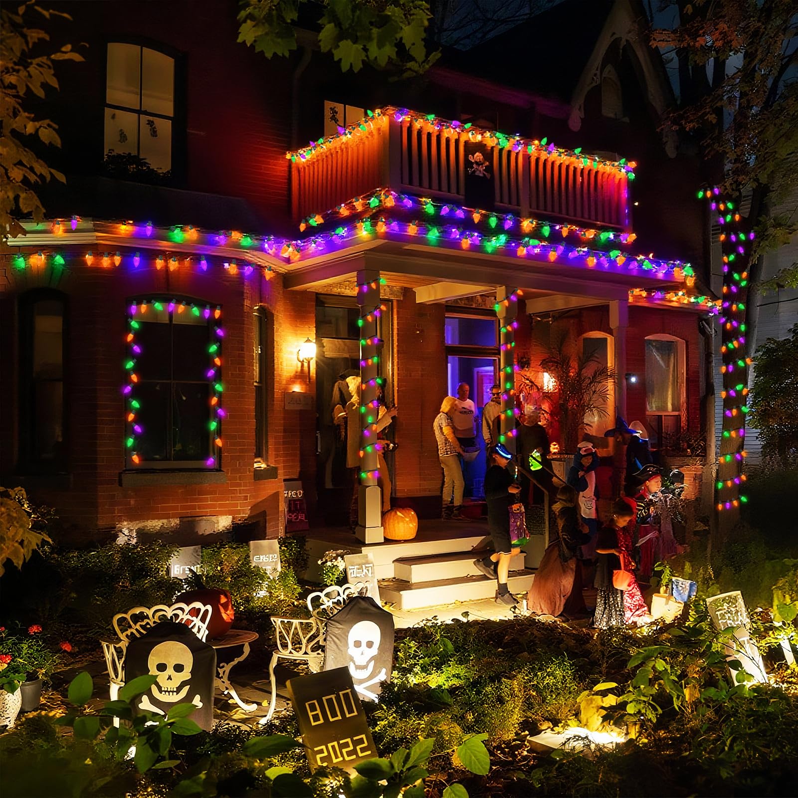 KAQ 100LED C9 Halloween Lights - Waterproof 98FT String Lights, Orange Purple & Green, 13 Modes, Indoor Outdoor Decor