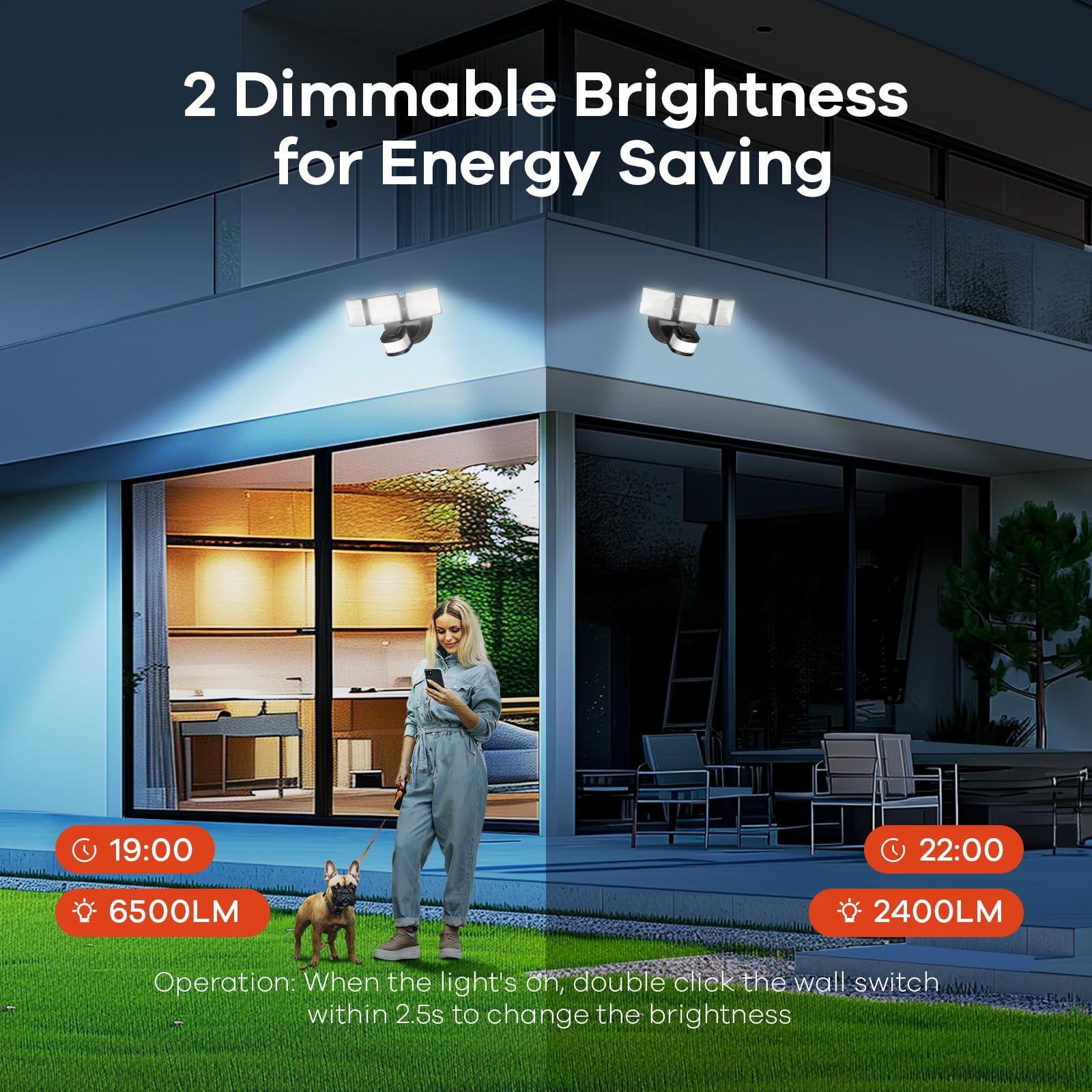 OREiN 6500LM Flood Lights Outdoor, IP65 Waterproof, 4 Modes Dimmable, Motion Sensor, Black, Model OL3600554, 180° for 6000SQ