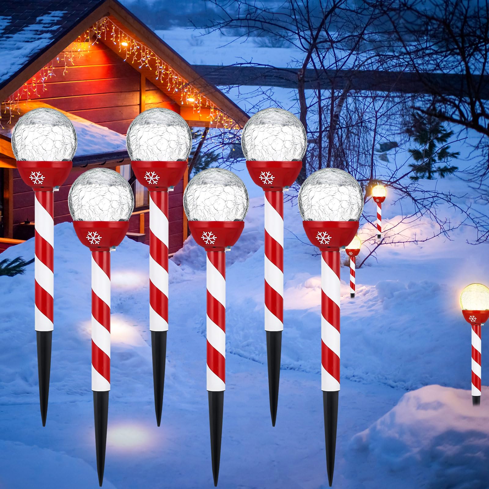 Tujoe 6 Pcs Christmas Solar Pathway Lights Outdoor Stainless Steel Solar Candy Cane Path Torch Lights for Yard Patio Garden Outs