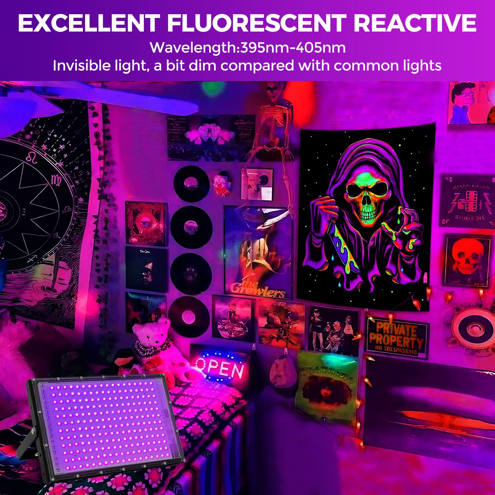 200W Led Black Lights For Glow Party - Waygor Ip65 Waterproof Uv Blacklight Floodlight 395Nm Black Light Spotlight Purple Black