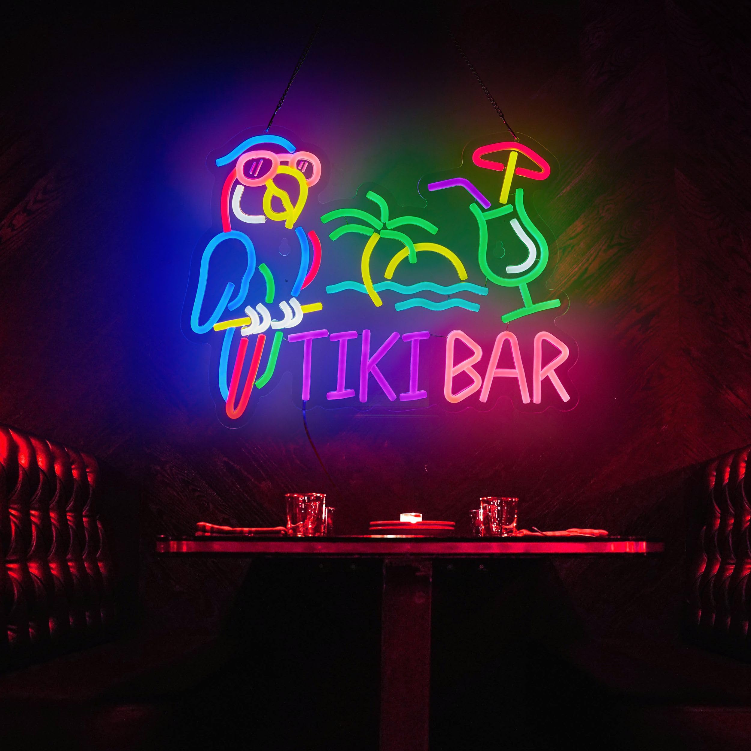 NEONLAND Tiki Bar Parrot Neon Sign, LED Wall Decor, 16.5"x12.6", Pink/Blue/Purple, Acrylic, Model: Sunglasser Parrot Tiki