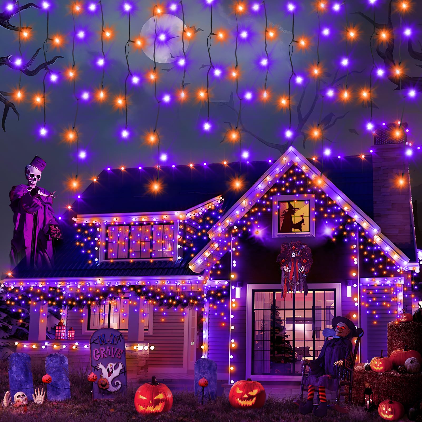 Heceltt Halloween String Lights, 39FT 480LED, Orange and Purple, 8 Lighting Modes, Timer Memory Function, Model BG-CL3M3-306L01