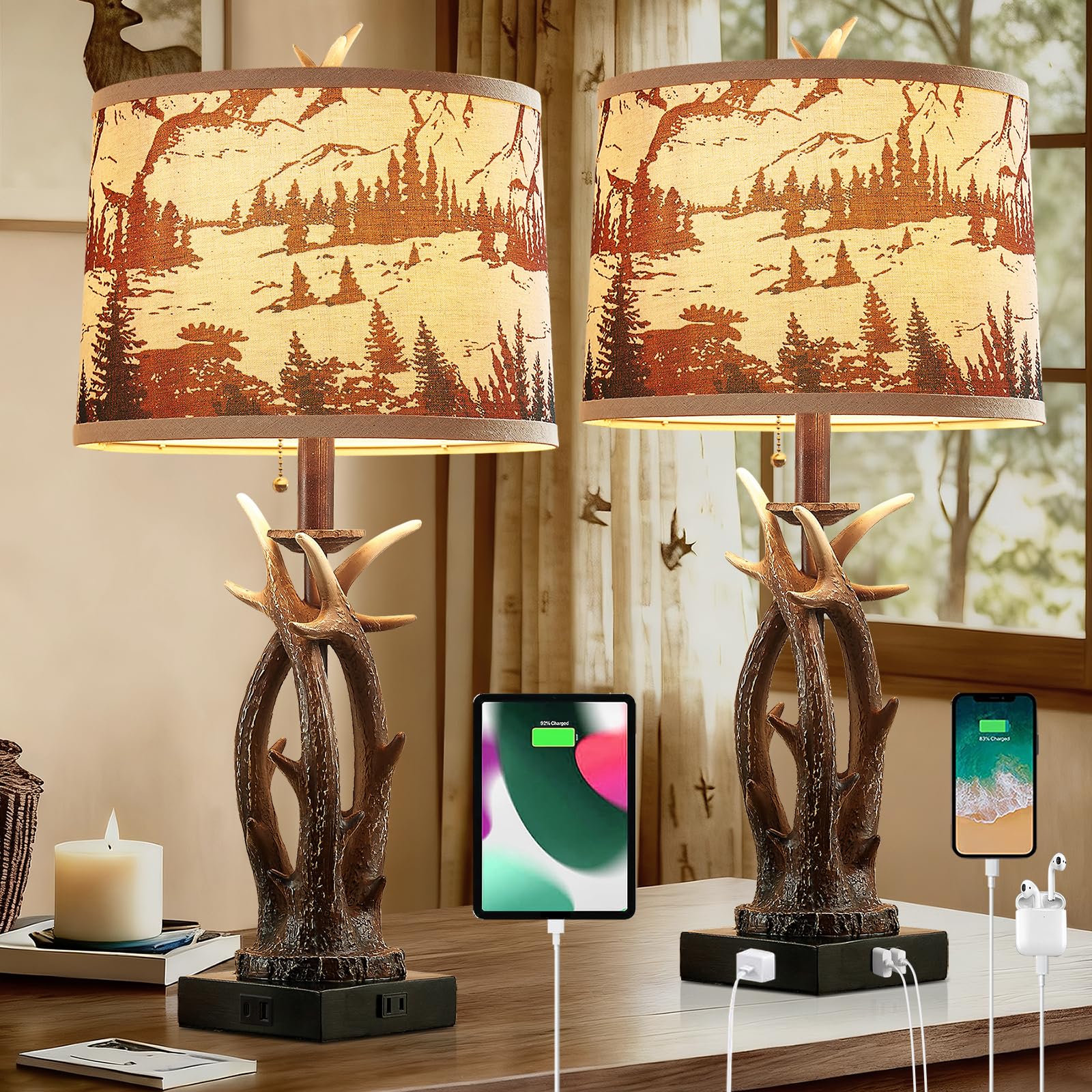 Rustic Farmhouse Antler Table Lamp Set of 2 with USB A+C Ports & AC Outlet Linen Fabric Deer Print Round Shade 27 Bedside Lamp f
